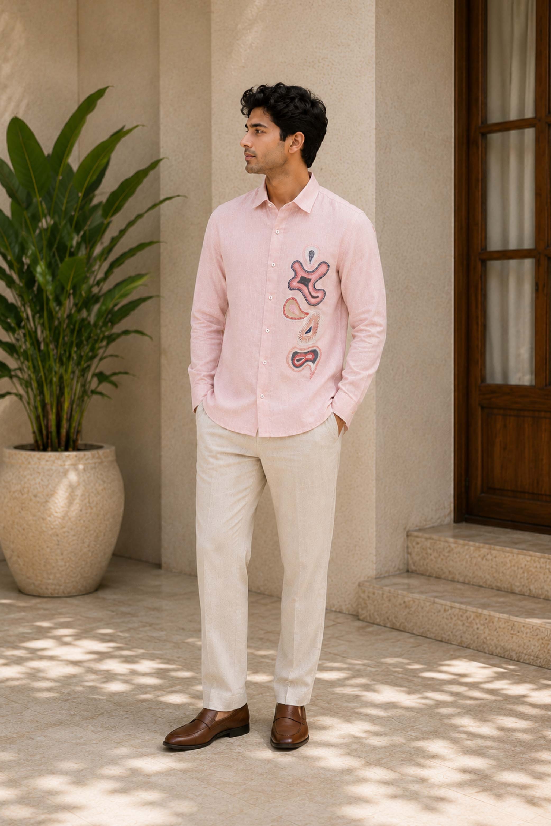 Peach Linen Embroidery Regular Collar Designer FS Shirt for Men