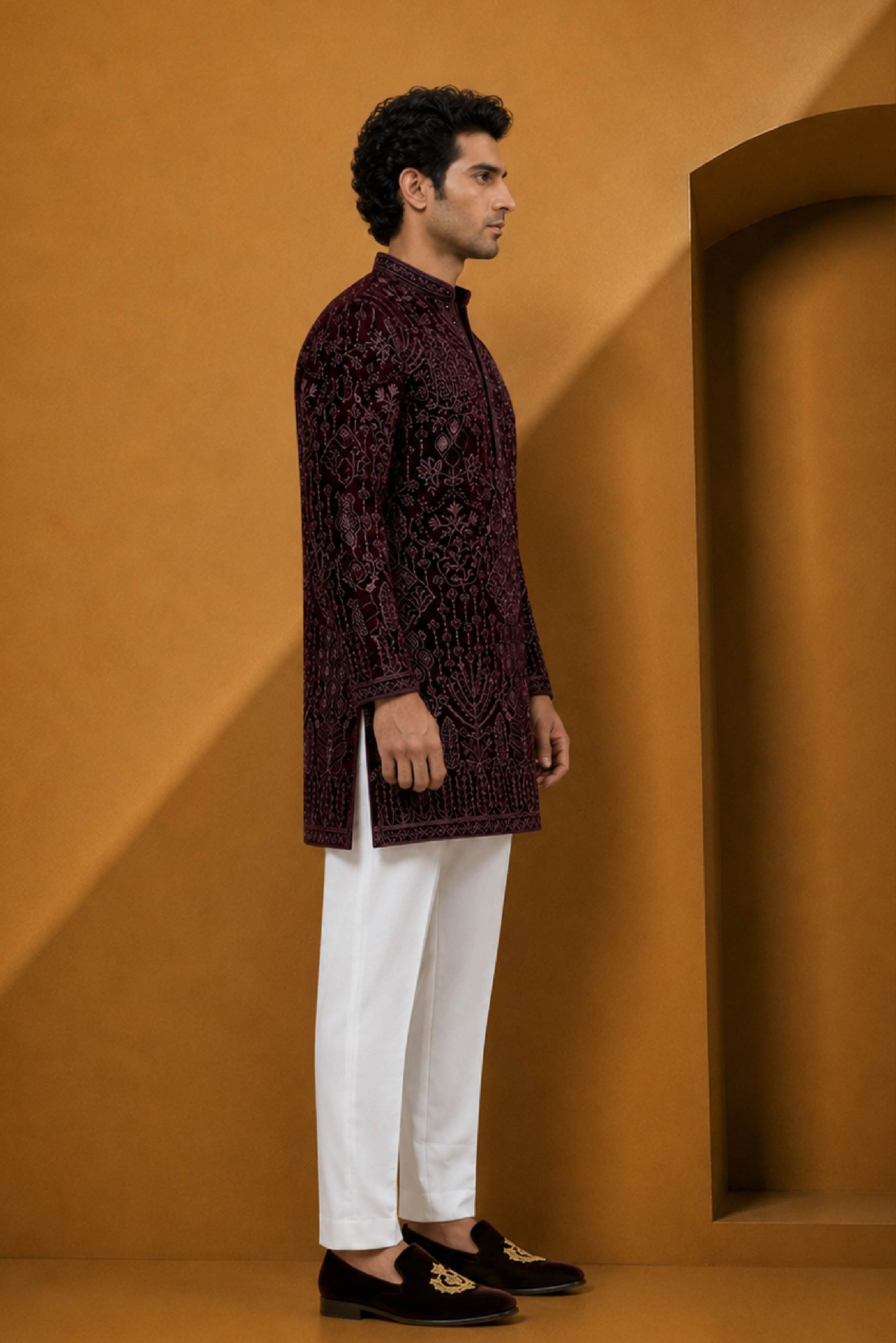 Wine Velvet Designer Kurta Pajama Set