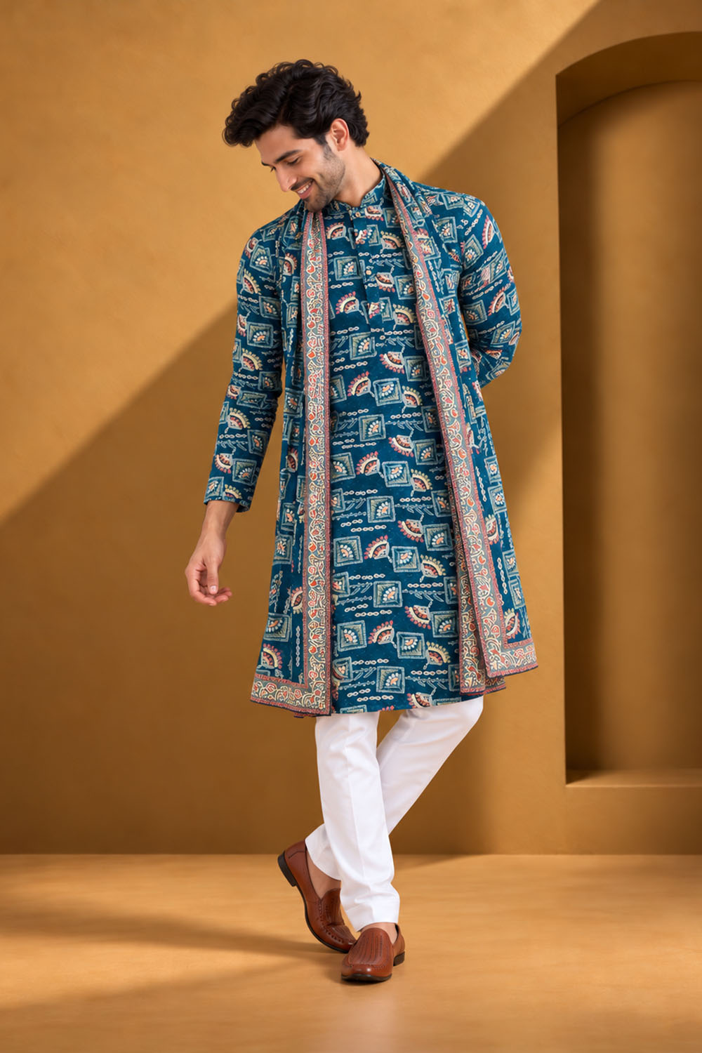 Party Wear Kurta Pajama in Ferozi Embroidery with Dupatta