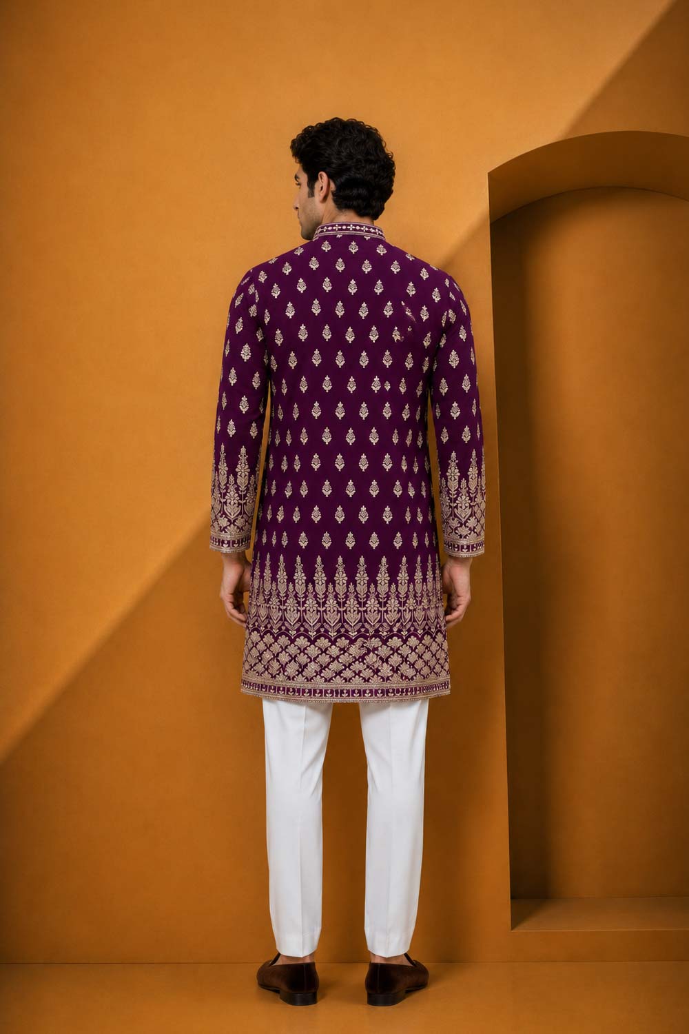 Wine Velvet Embroidery V Neck Designer Kurta Pajama Set for Men
