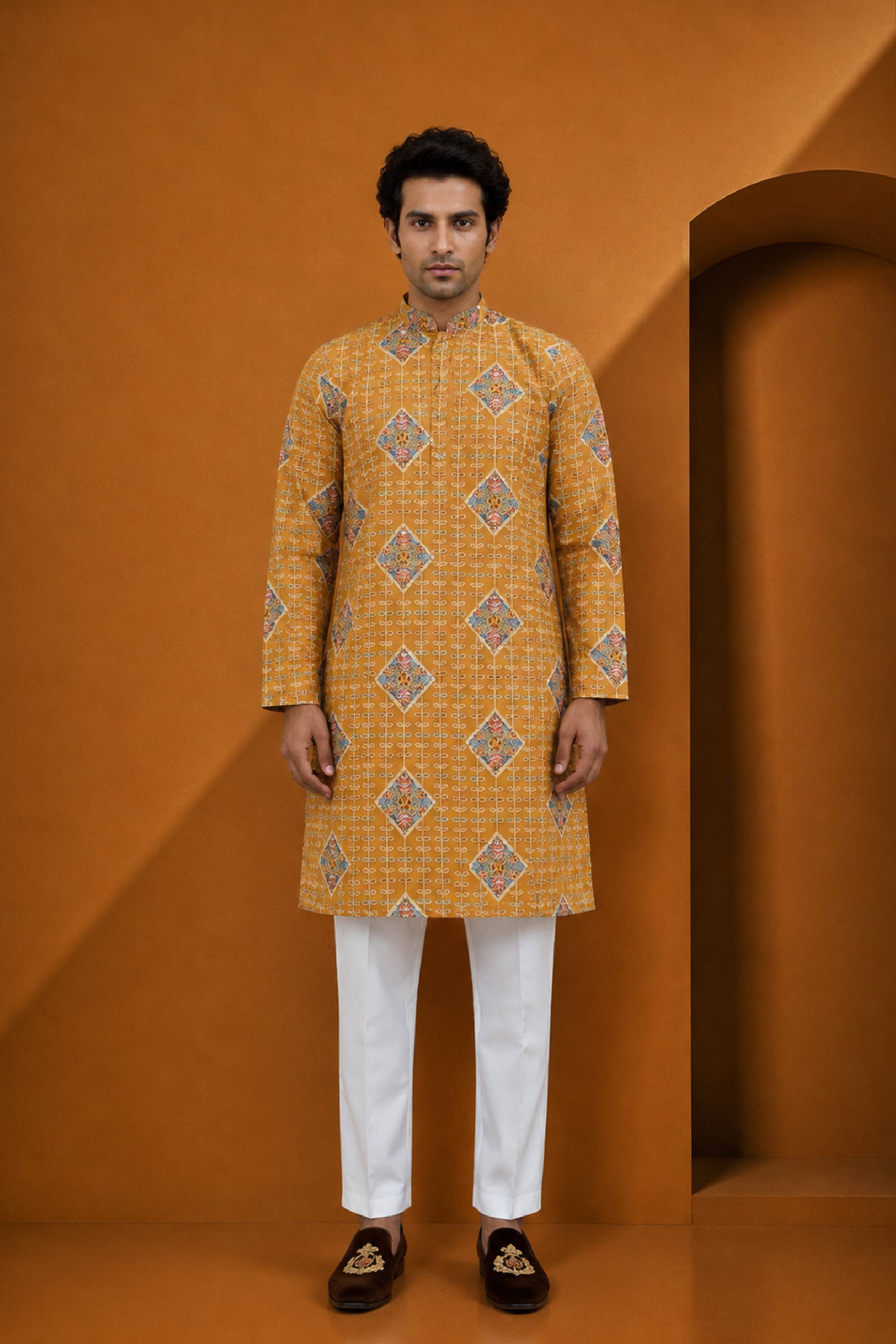 Golden Multi Silk Designer Kurta Pajama Set