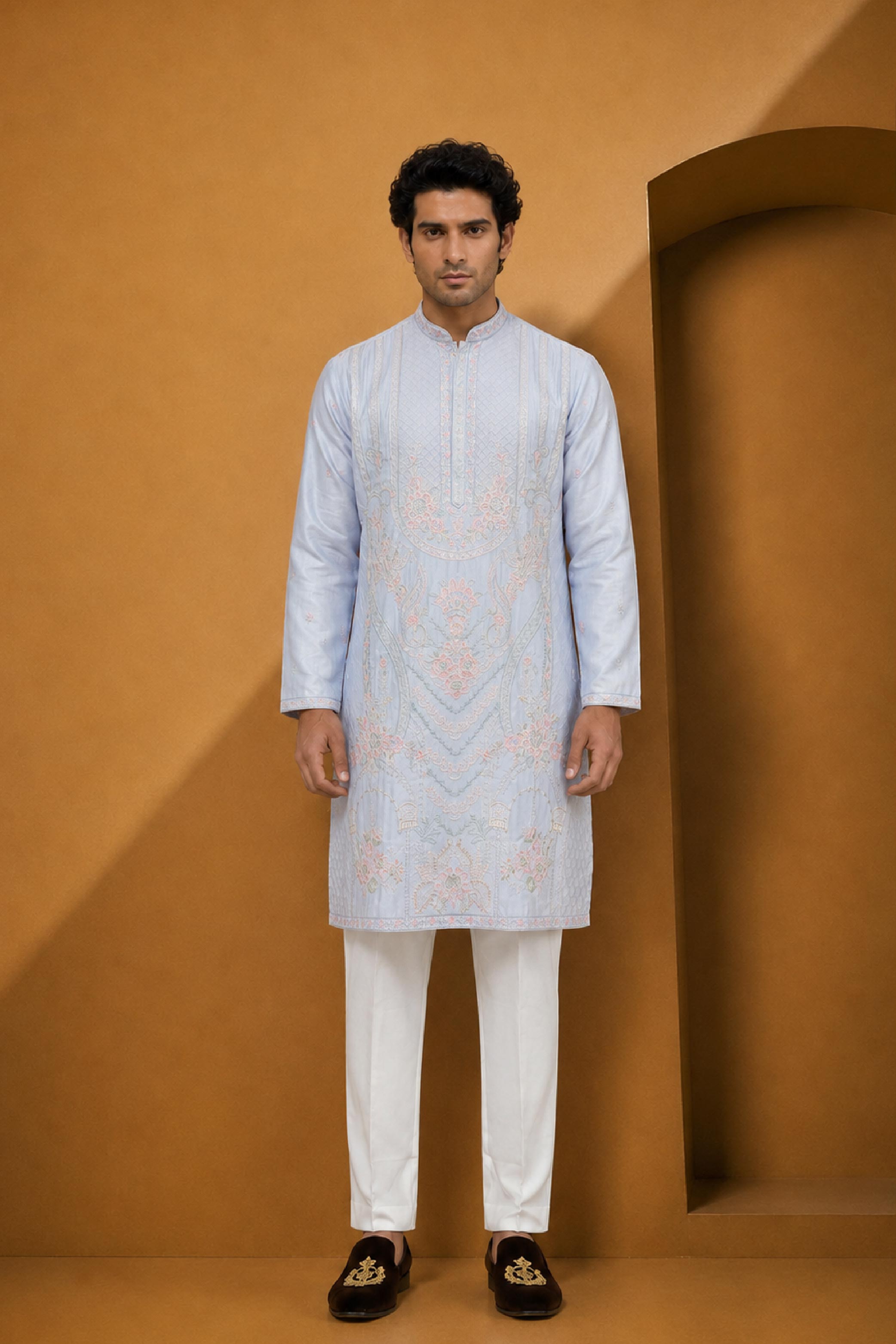 P Blue Silk Designer Kurta Pajama Set