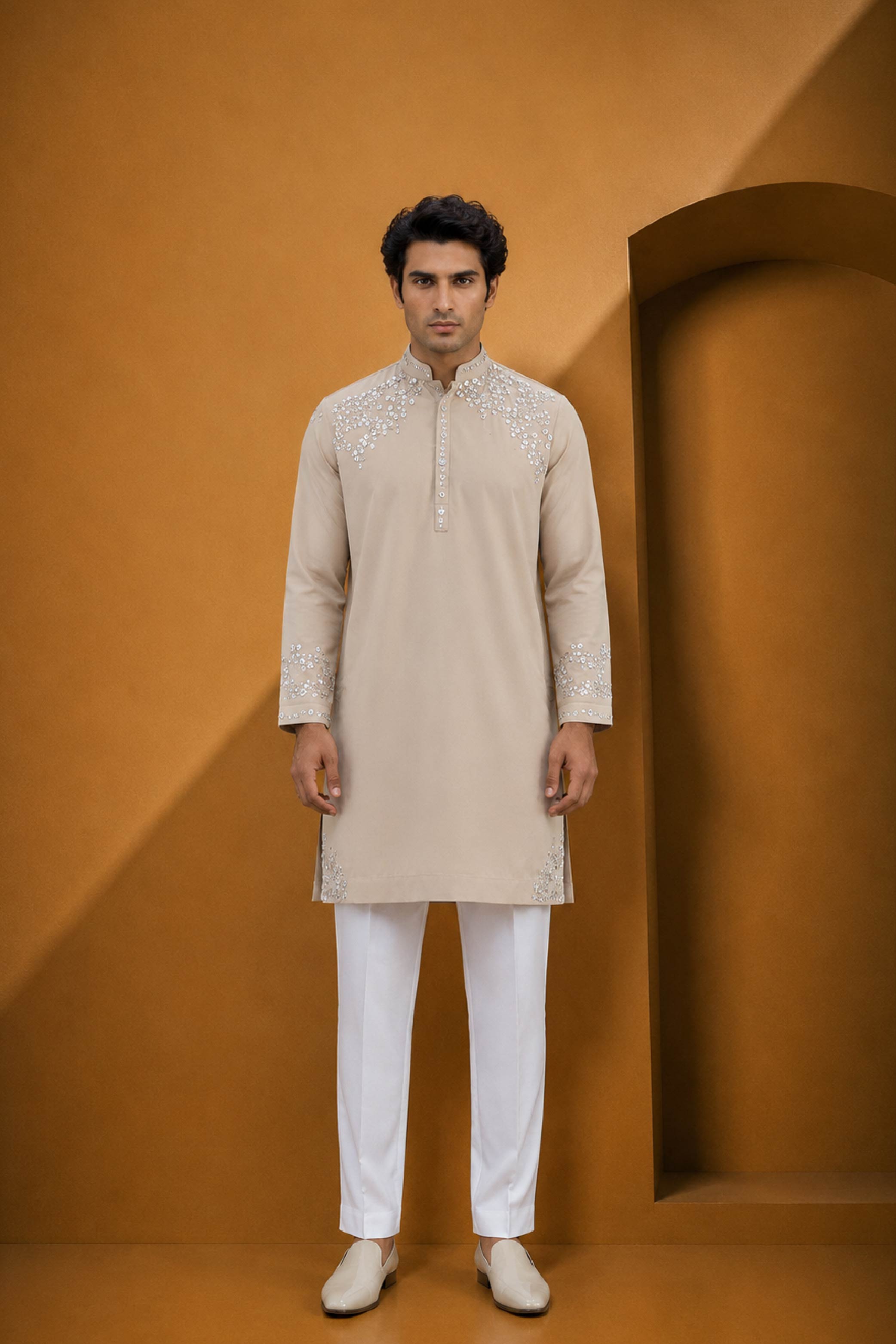 Beige Silk Parallel Pant Kurta Pajama Set