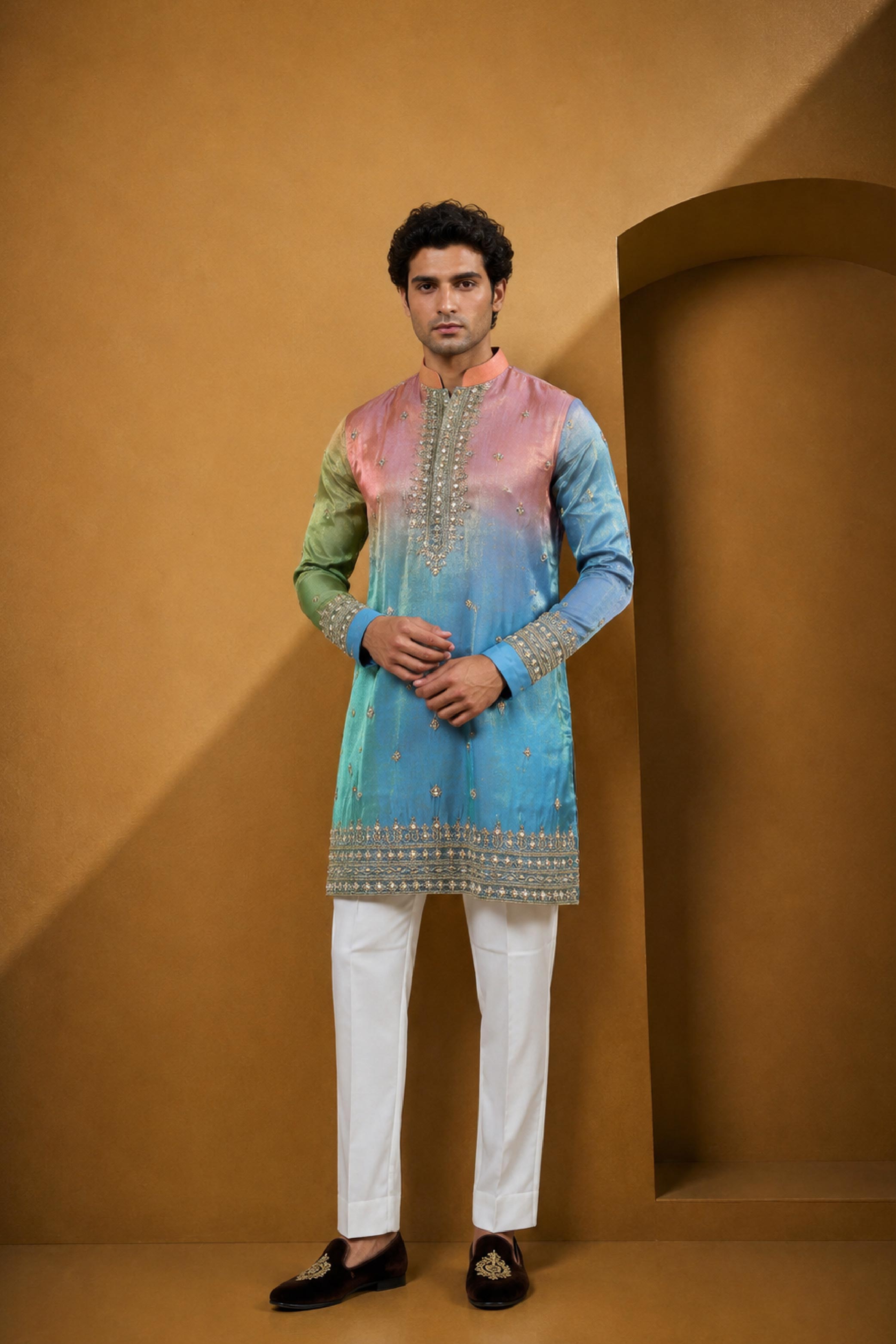 Sky Blue Silk Embroidery V Neck Parallel Pant Kurta Pajama Set for Men