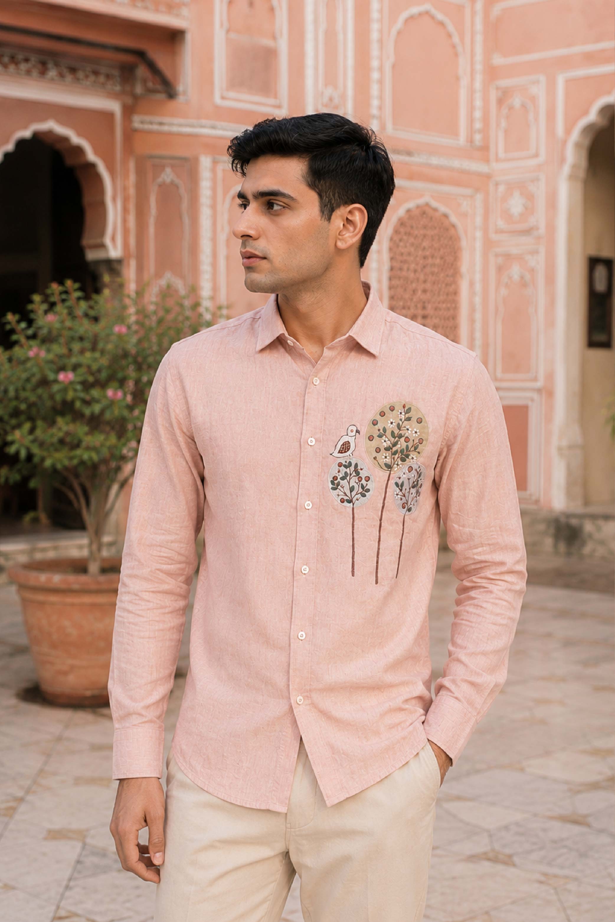 Cream Linen Embroidery Regular Collar Designer FS Shirt for Men