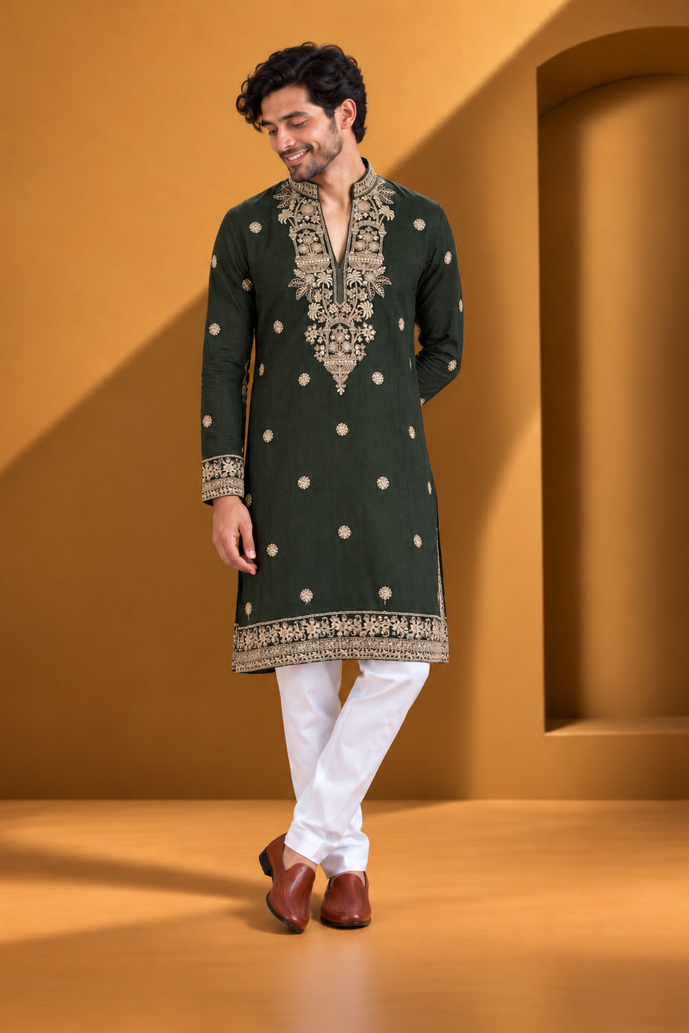 Party Wear Kurta Pajama in Mehandi with Dupatta