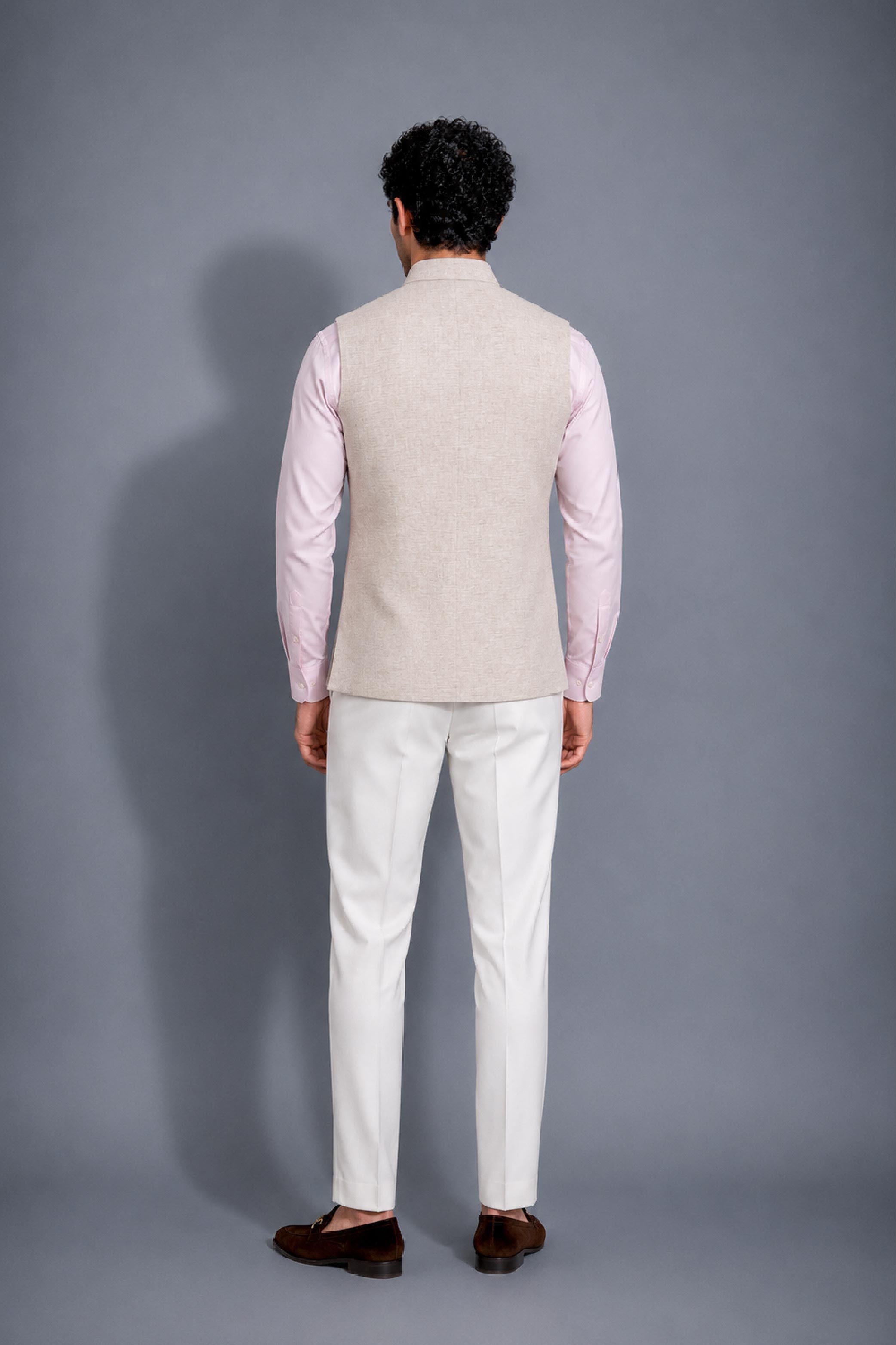 Fawn Peach Jute Print Jodhpuri Designer Waist Coat for Men