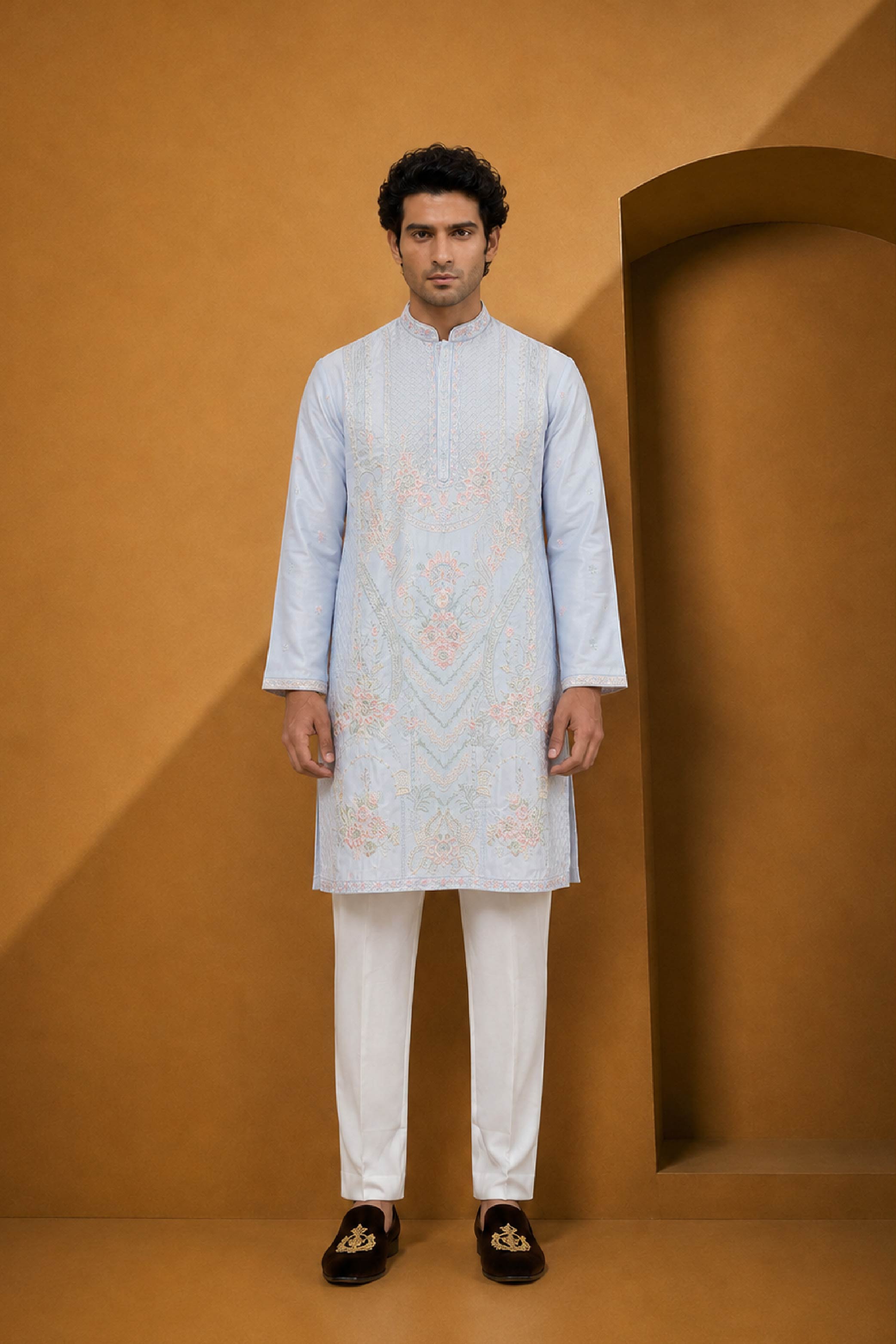P Blue Silk Designer Kurta Pajama Set