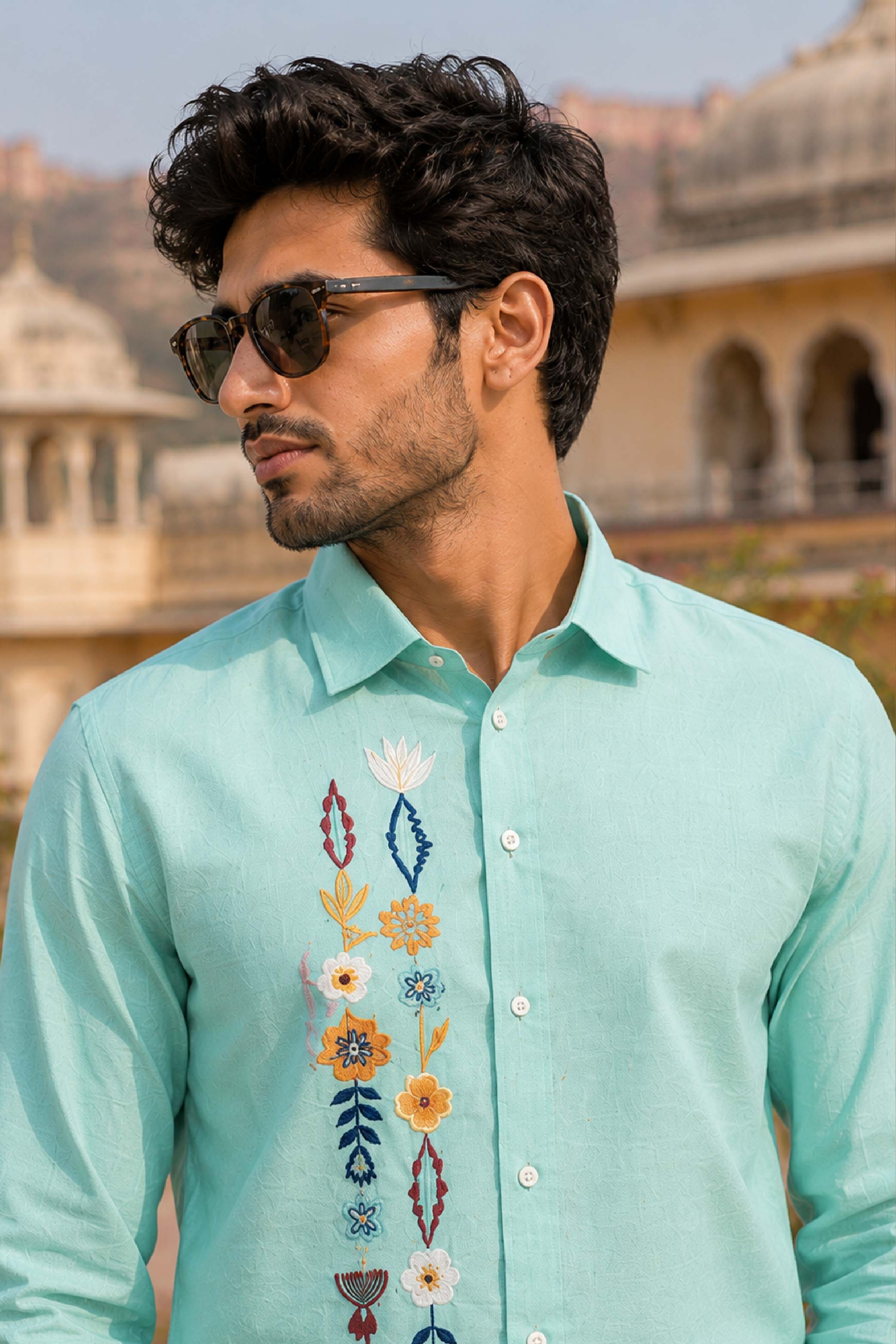 C Green Linen Embroidery Regular Collar Designer FS Shirt for Men