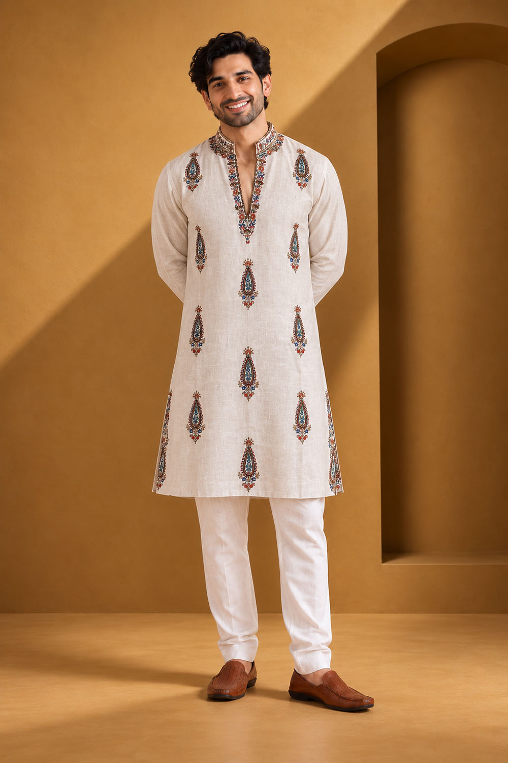 Party Wear Kurta Pajama in Natural with Parallel Pant