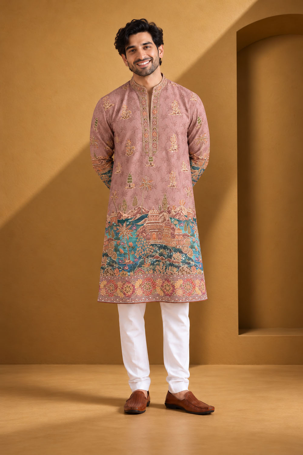 Party Wear Kurta Pajama in Onion with Parallel Pant