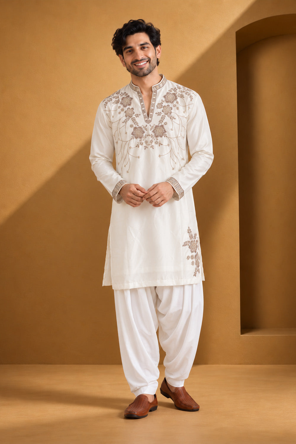 Party Wear Kurta Pajama in Camel Designer Style