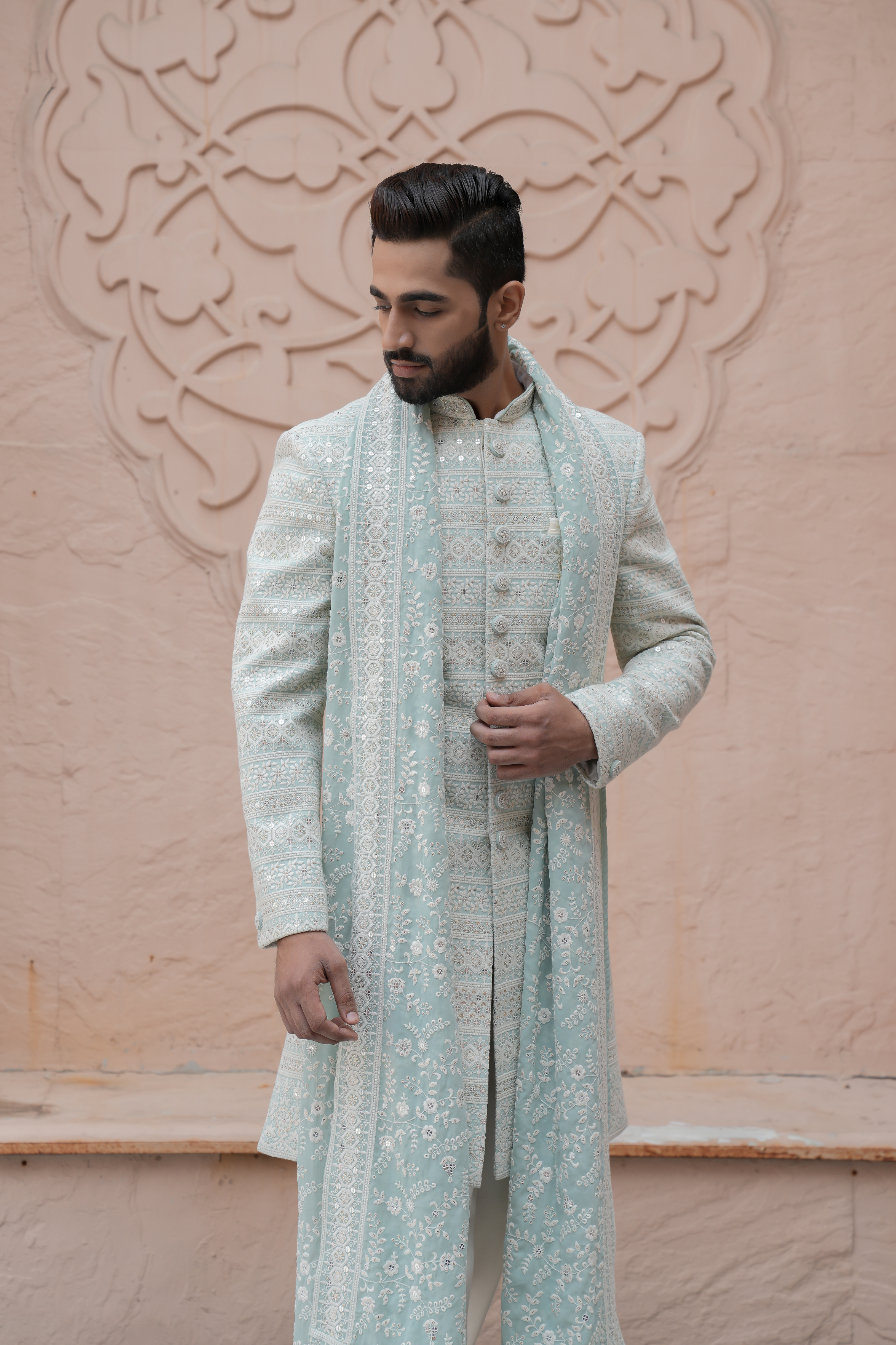 Sky Blue Color Lakhnavi Indo Western Set for Men