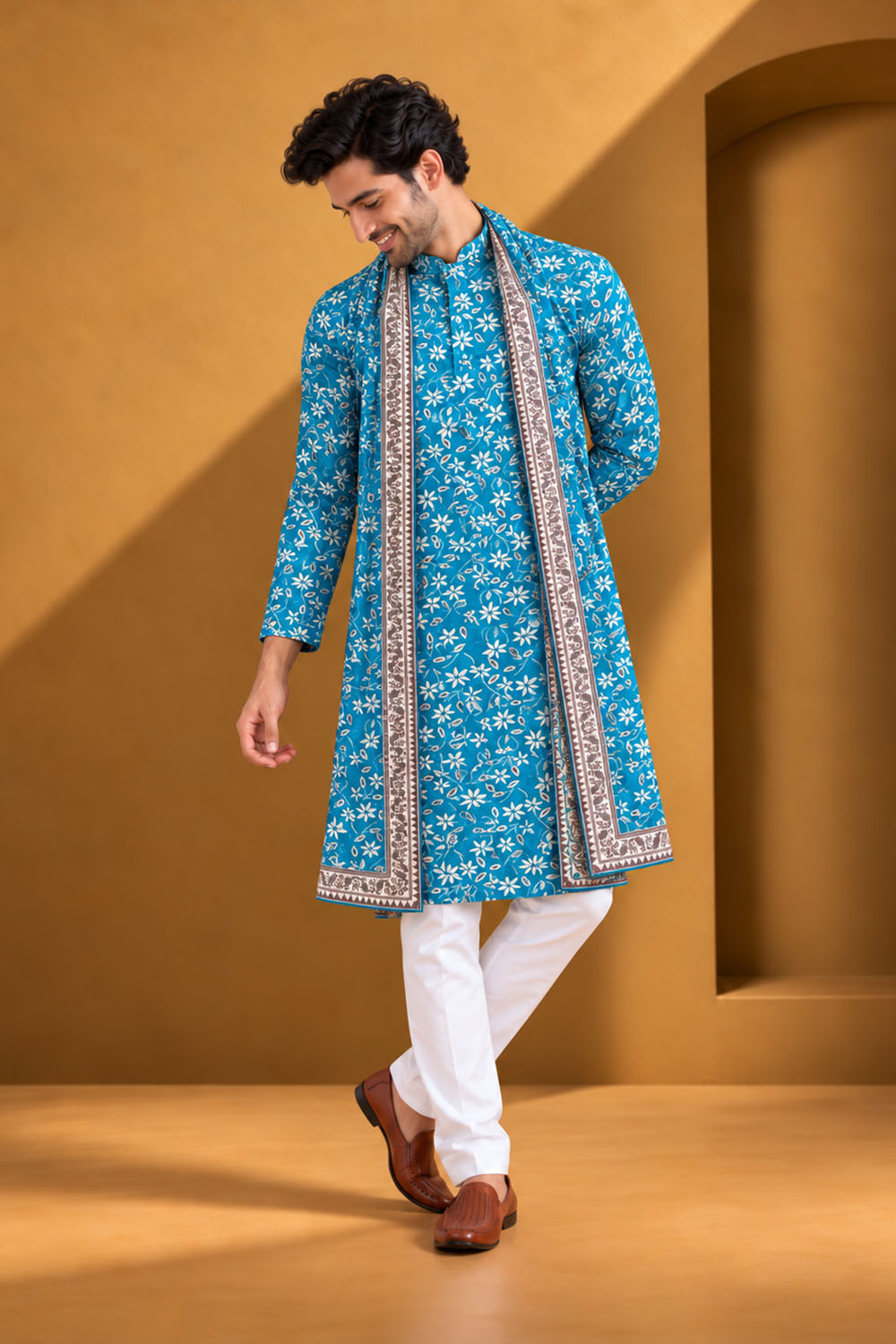 Party Wear Kurta Pajama in Ferozi with Dupatta