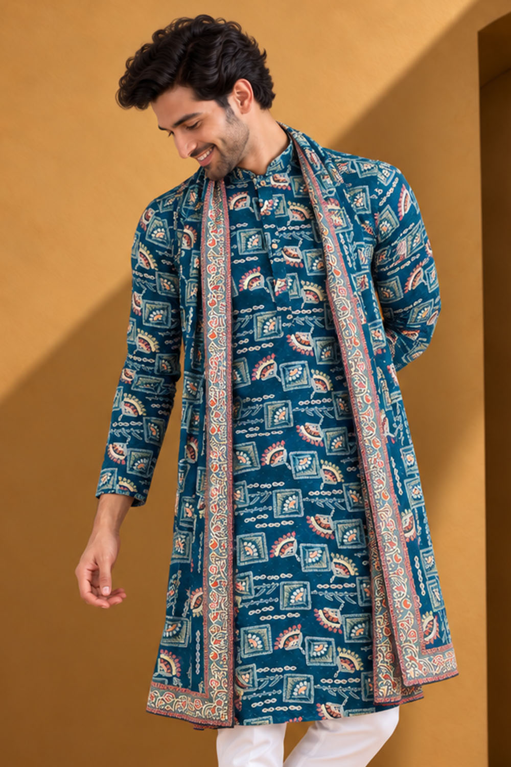 Party Wear Kurta Pajama in Ferozi Embroidery with Dupatta