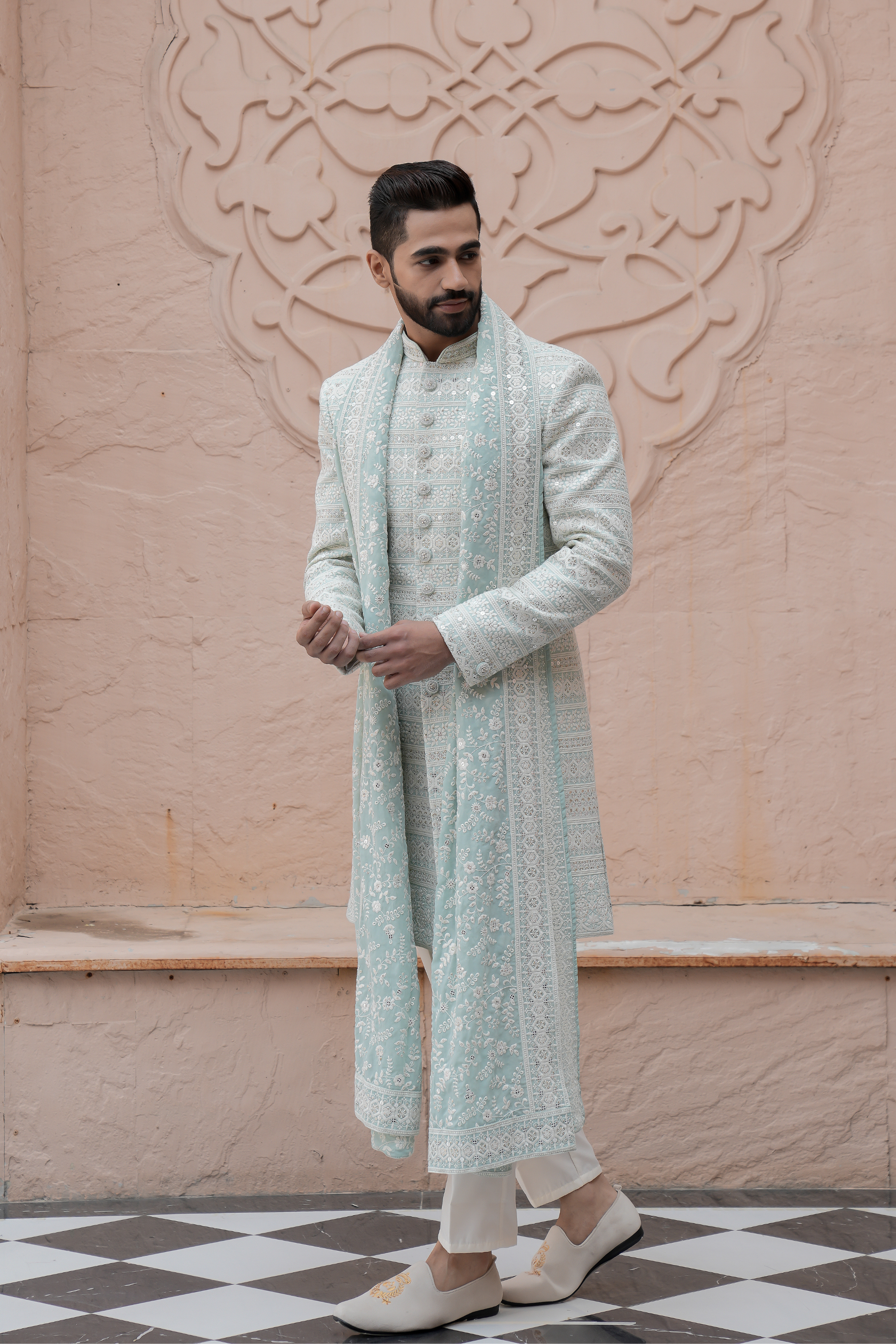 Sky Blue Color Lakhnavi Indo Western Set for Men