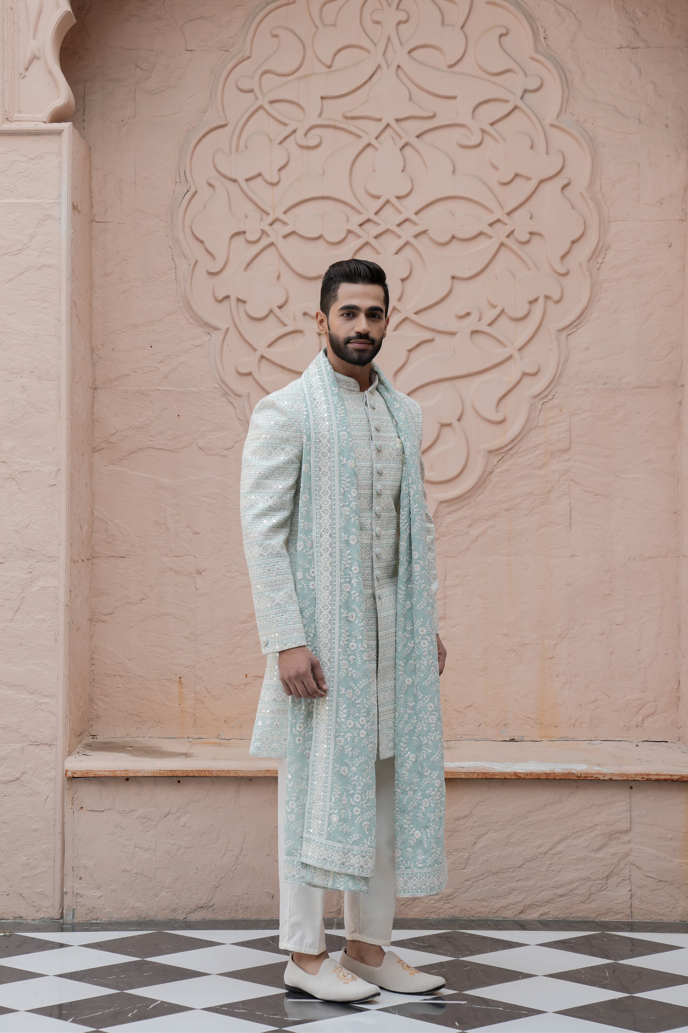 Sky Blue Color Lakhnavi Indo Western Set for Men