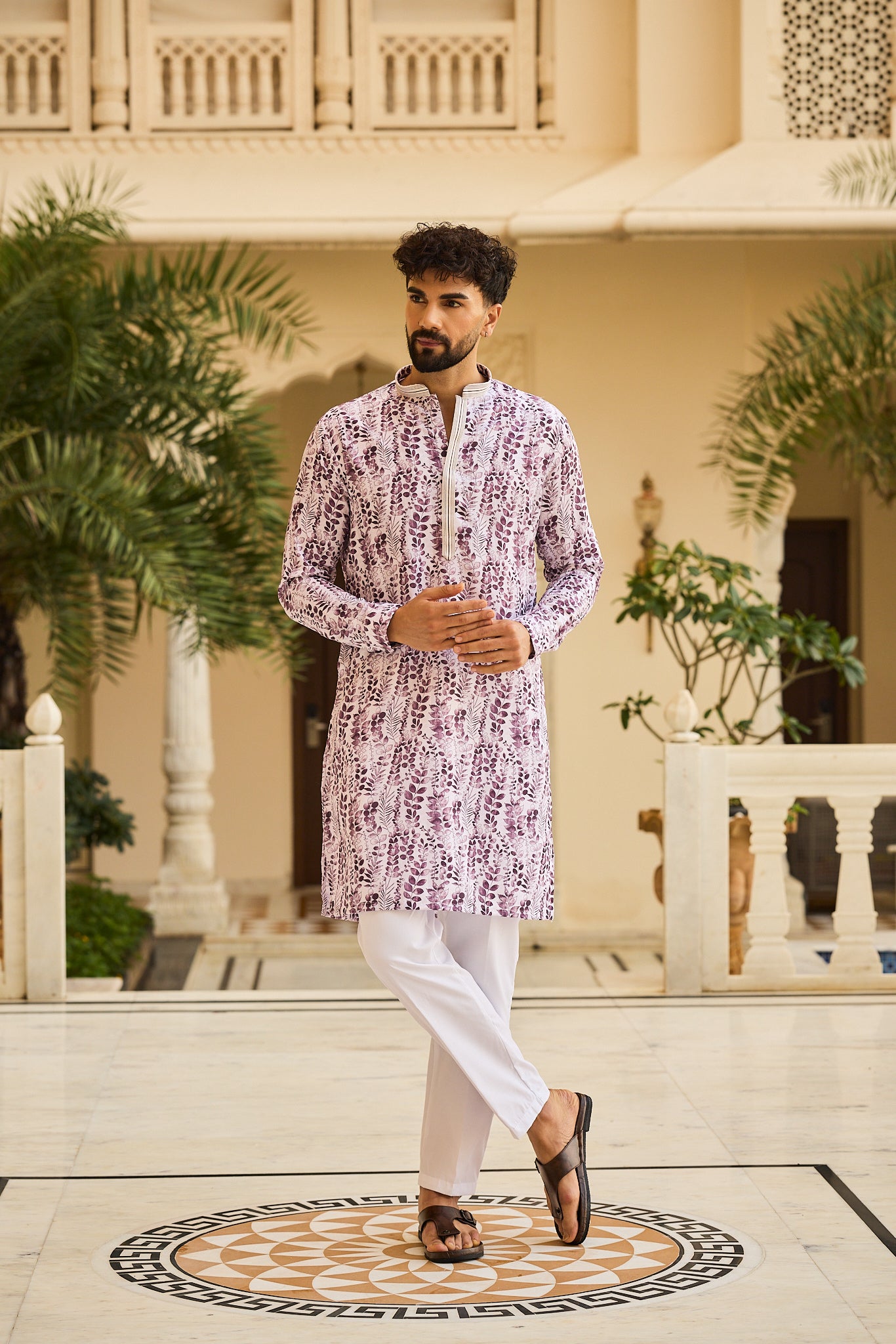 Lavender Color Print Kurta Pajama for Men