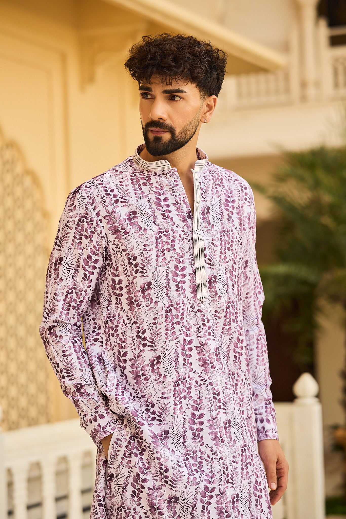 Lavender Color Print Kurta Pajama for Men
