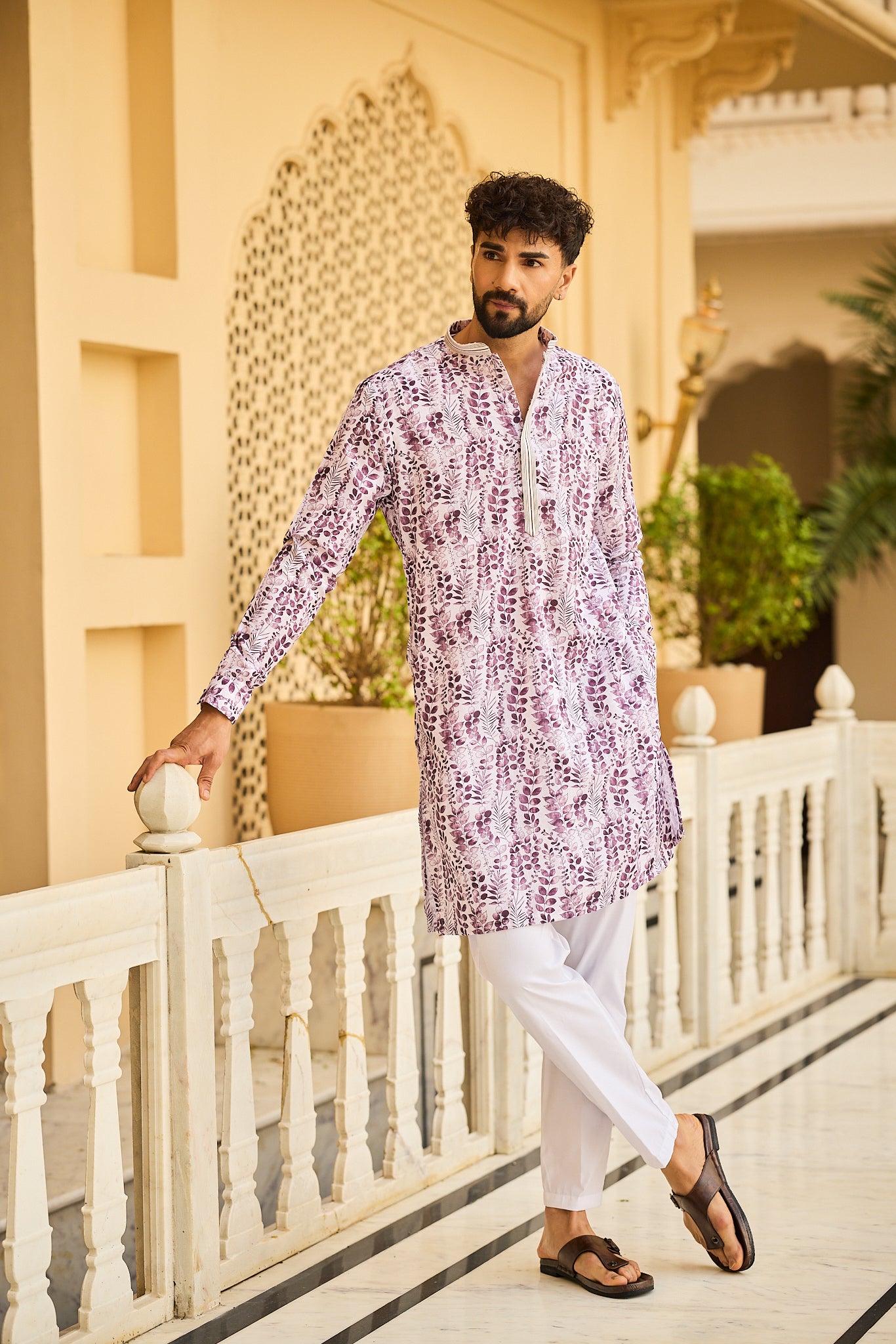 Lavender Color Print Kurta Pajama for Men