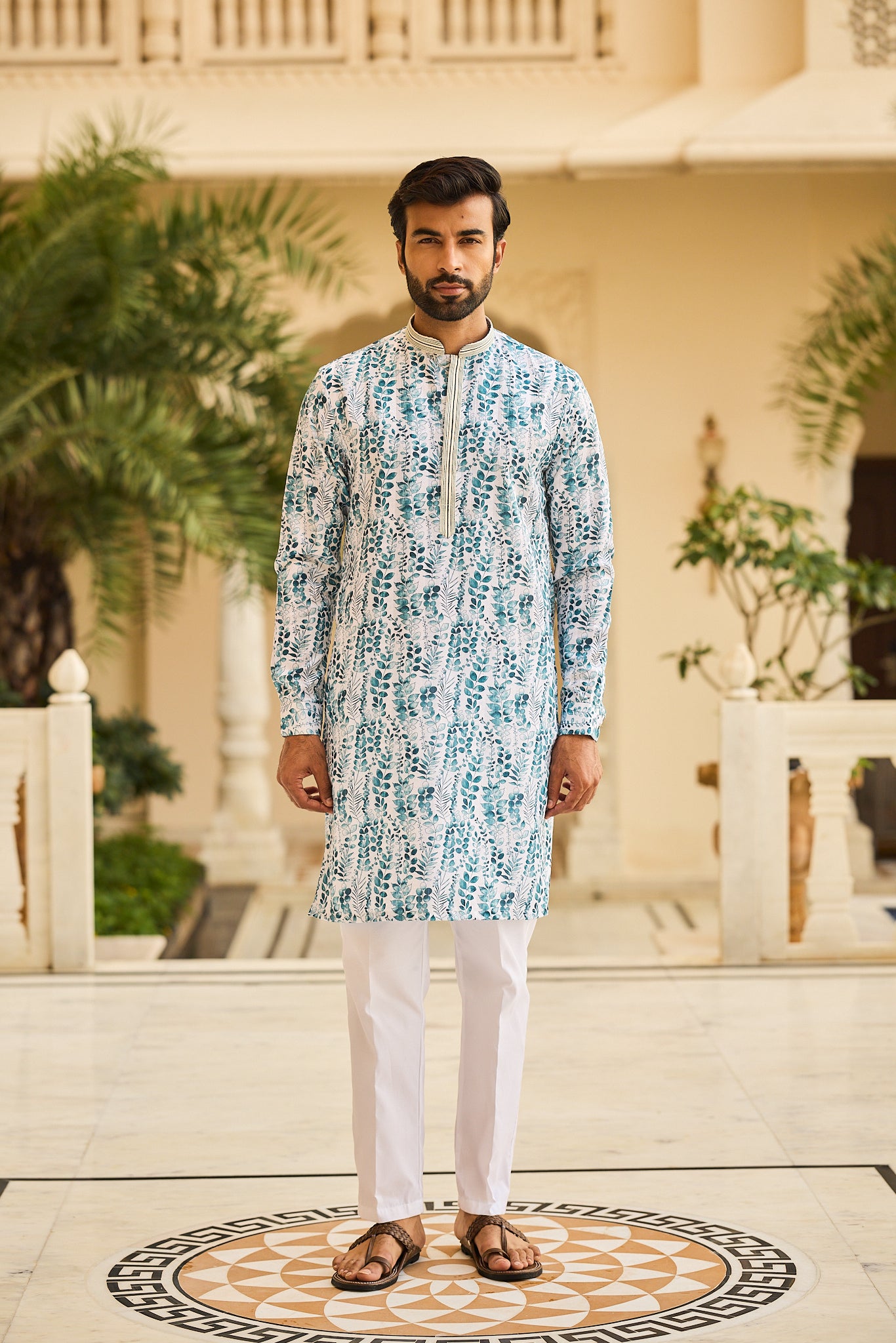 Mint Color Print Kurta Pajama for Men