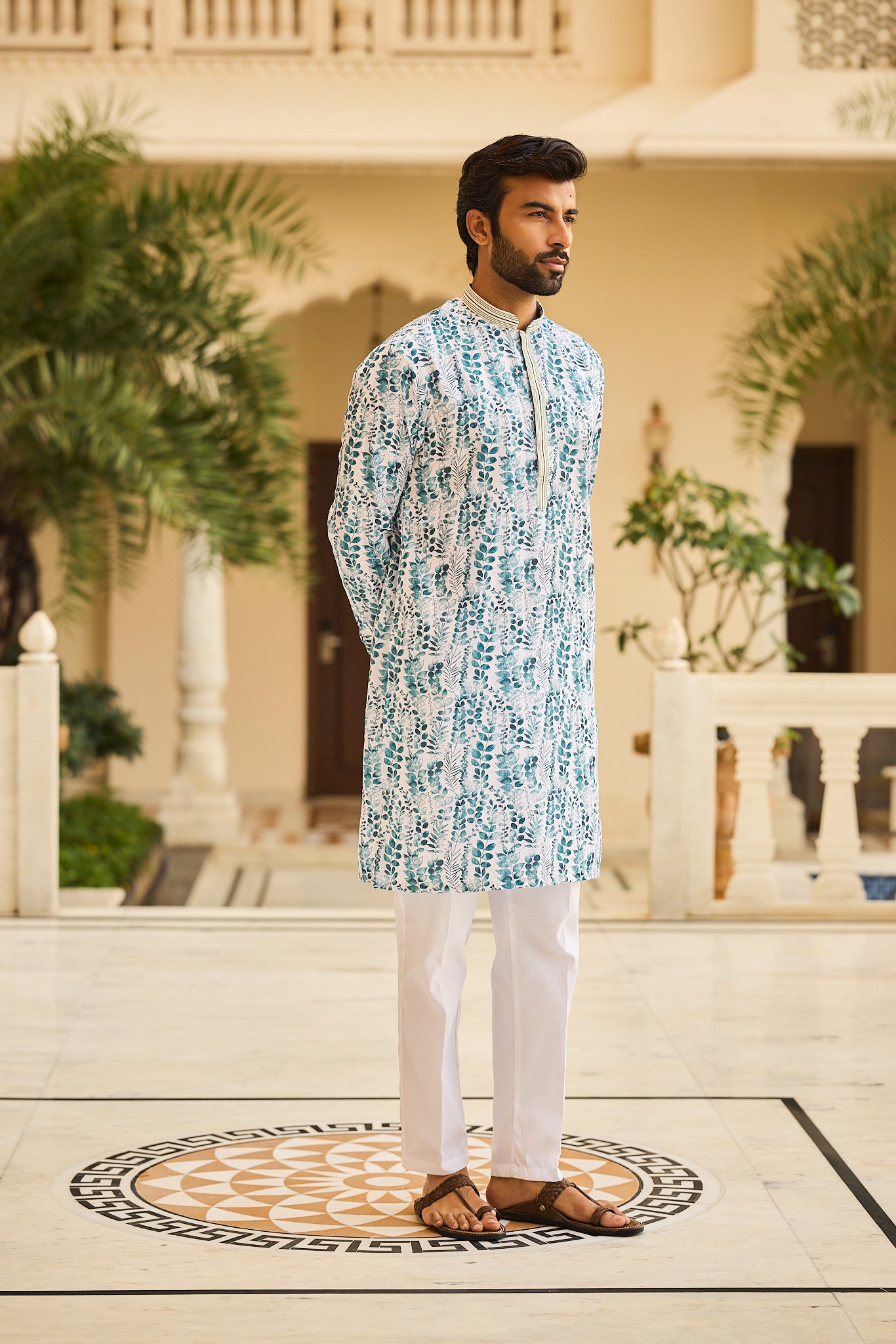 Mint Color Print Kurta Pajama for Men