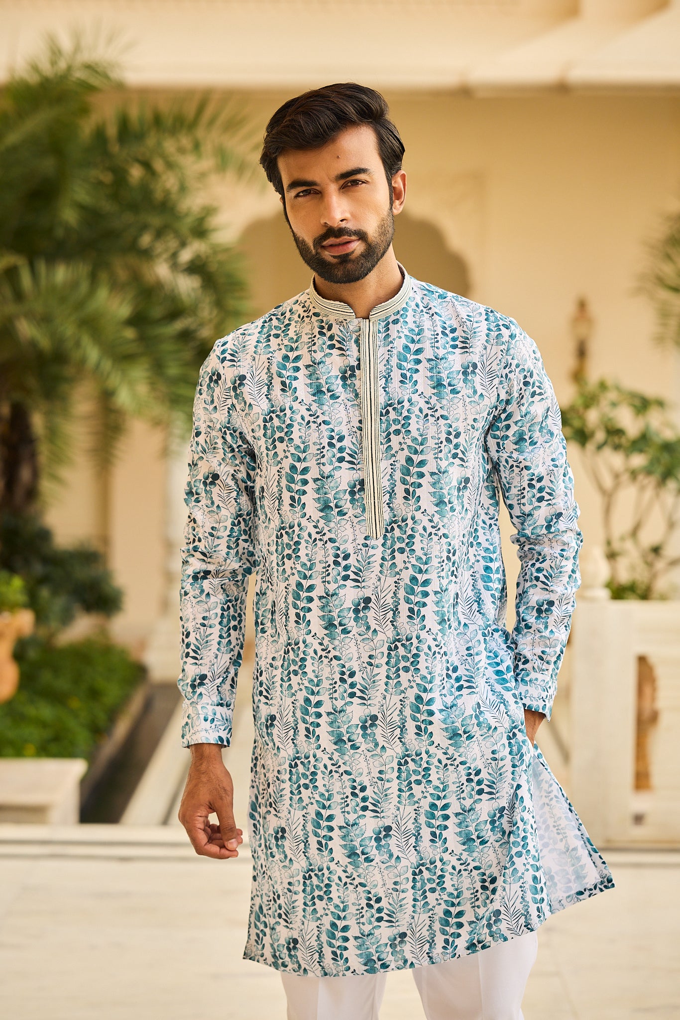 Mint Color Print Kurta Pajama for Men