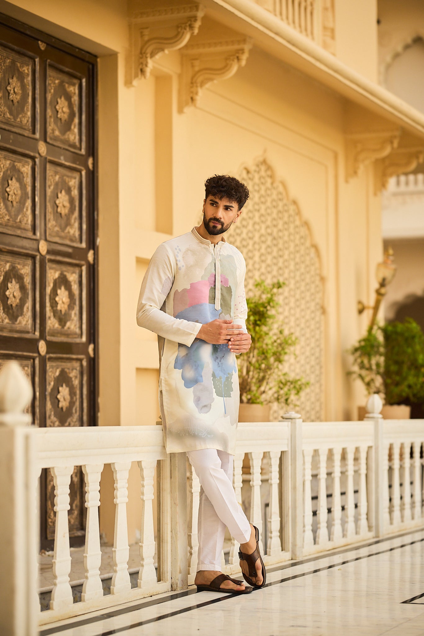 Pista Color Print Kurta Pajama for Men