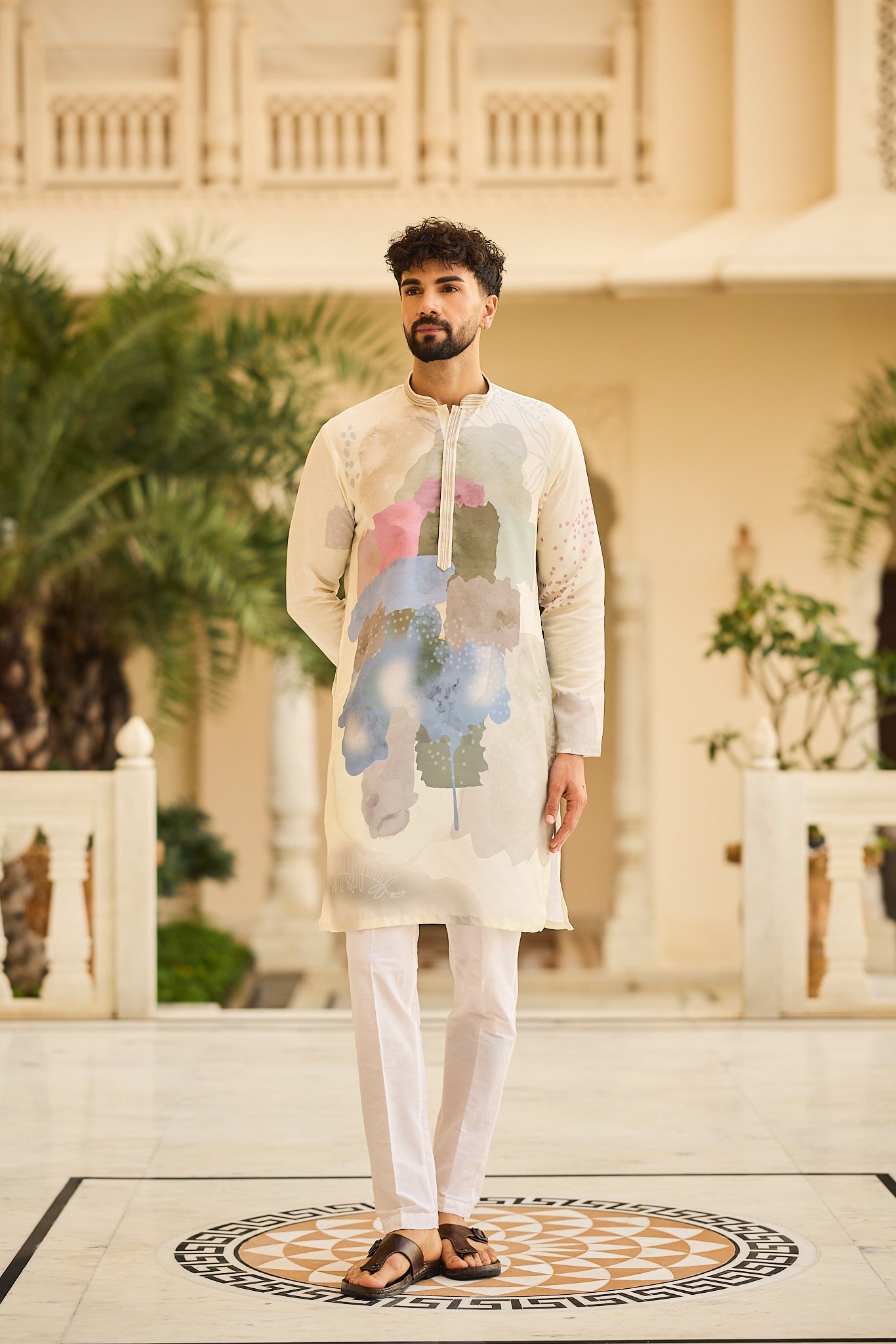 Pista Color Print Kurta Pajama for Men