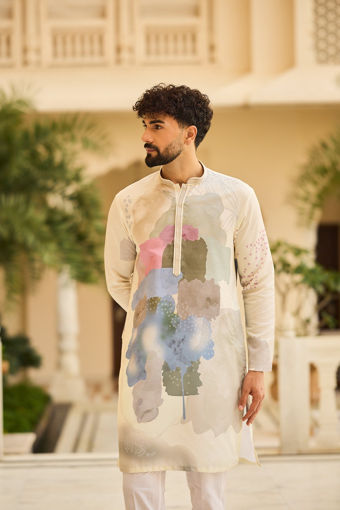 Pista Color Print Kurta Pajama for Men