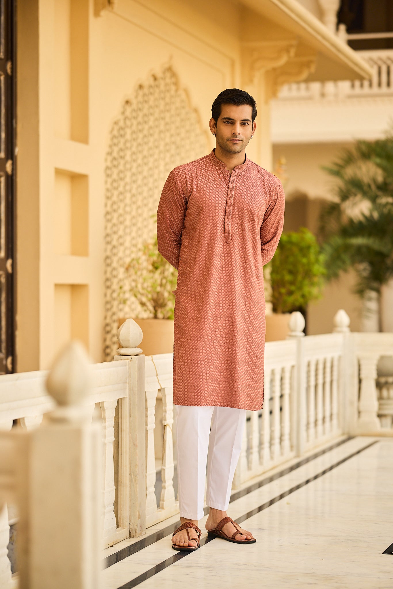 Rust Color Lakhnavi Kurta Pajama