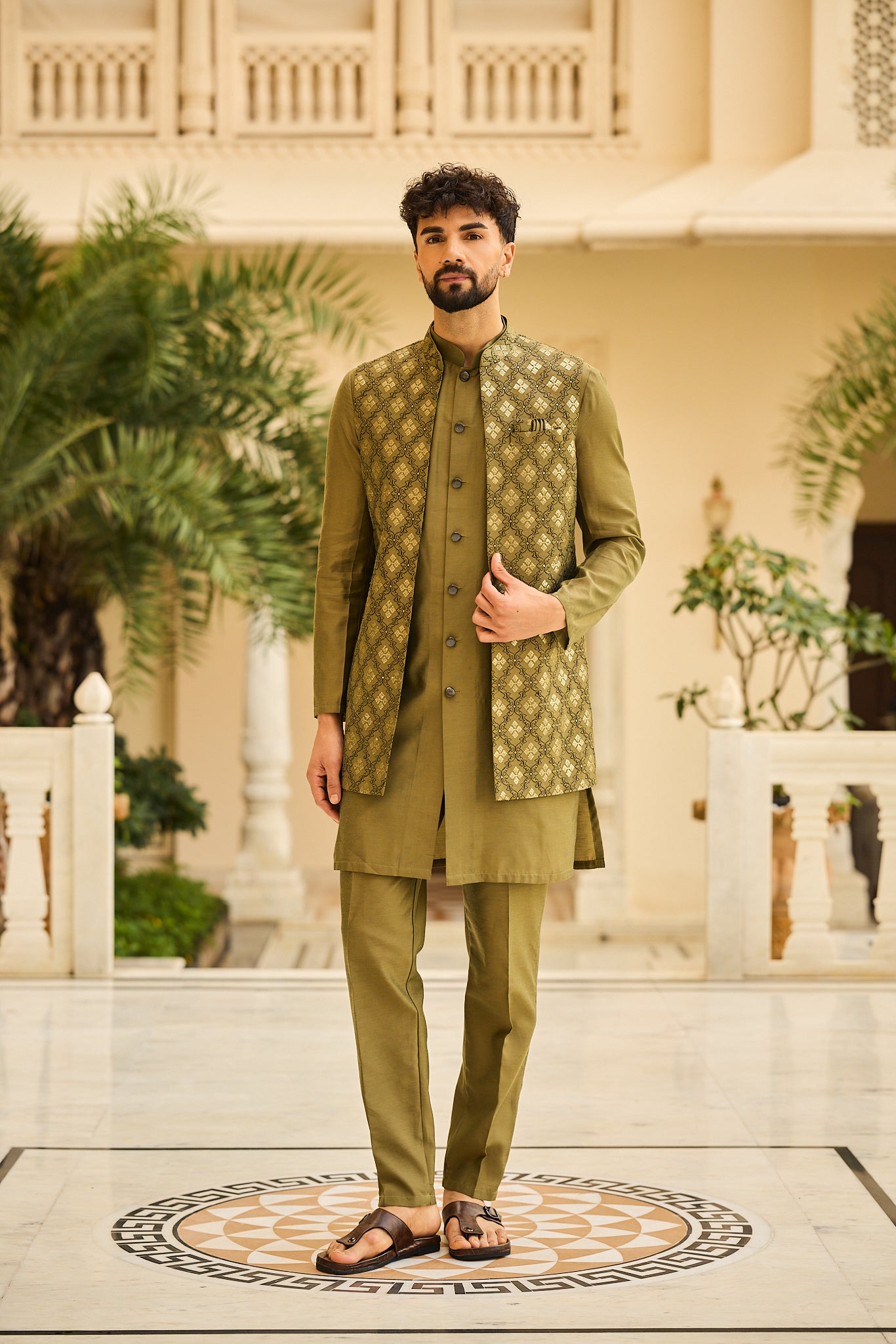 Mehendi Color Embroidery Long Jacket Kurta