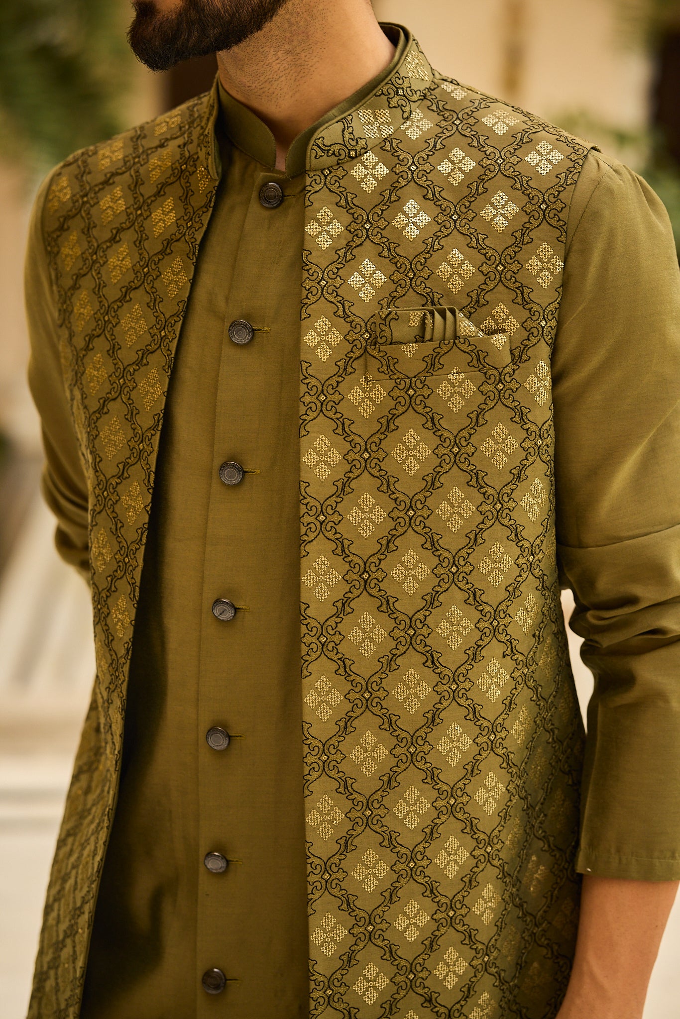 Mehendi Color Embroidery Long Jacket Kurta
