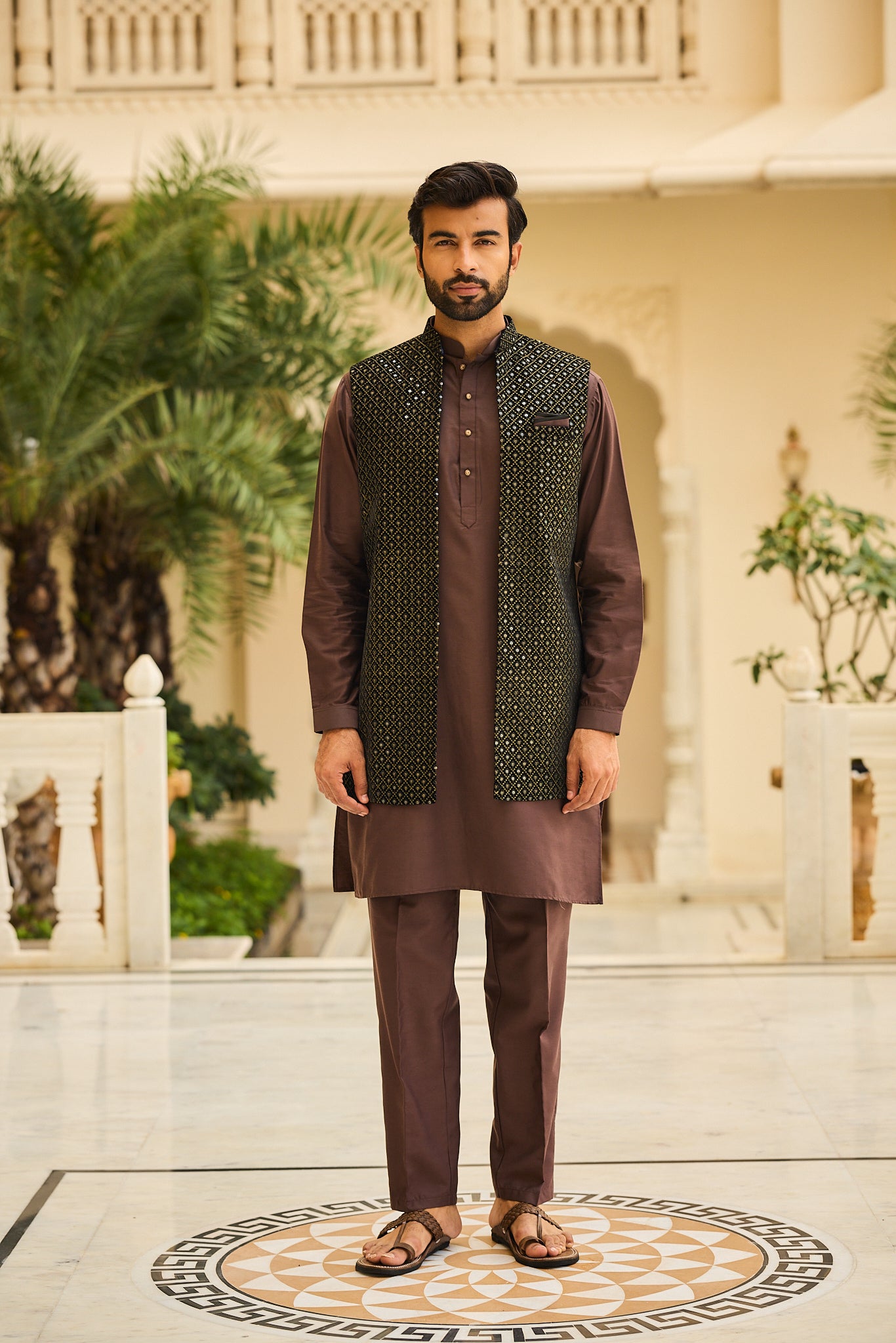 Brown Color Embroidery Long Jacket Kurta