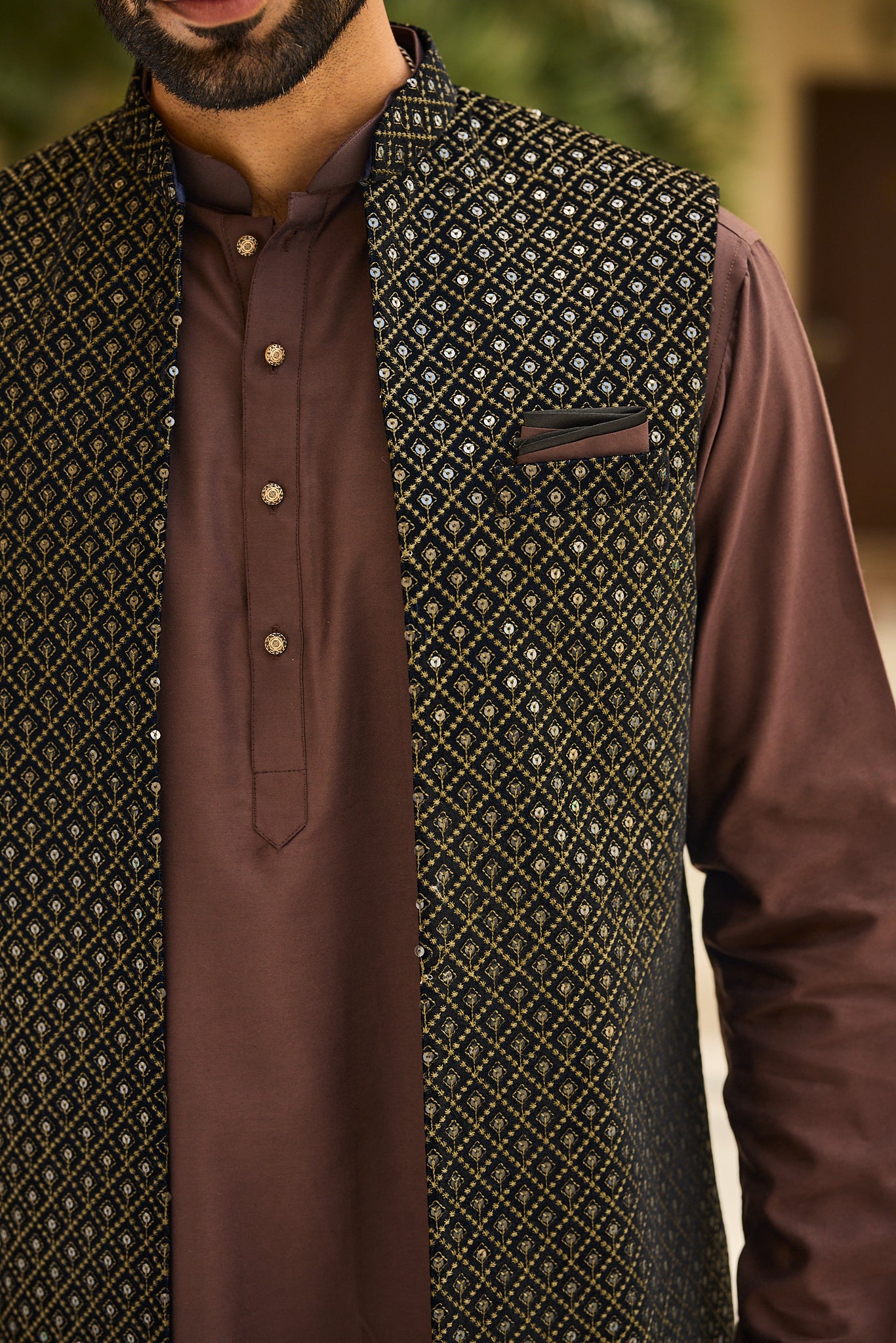 Brown Color Embroidery Long Jacket Kurta
