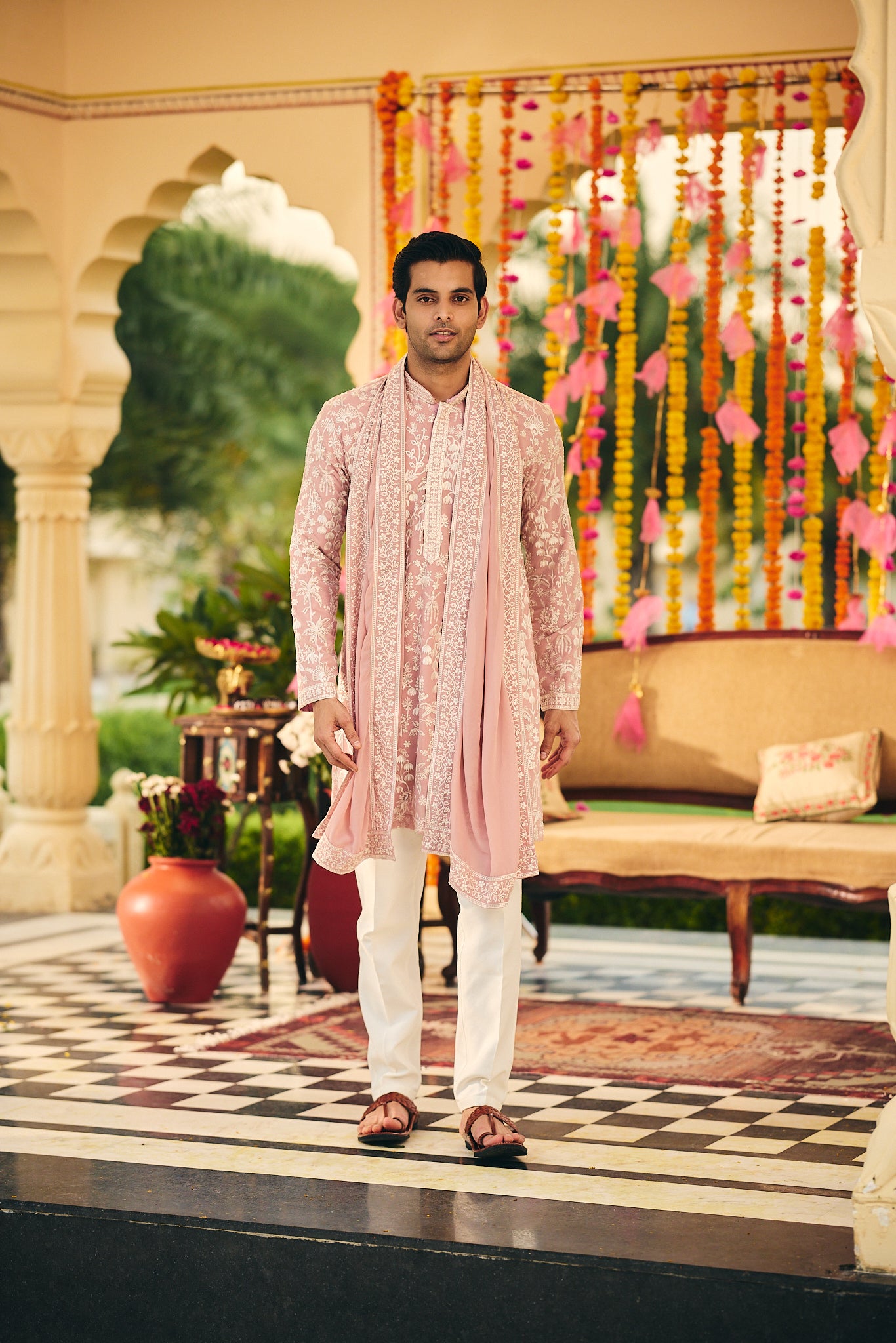 Onion Color Embroidery Kurta Pajama for Men