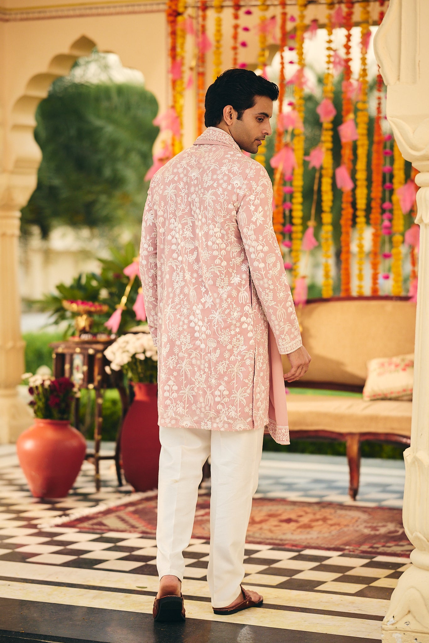 Onion Color Embroidery Kurta Pajama for Men
