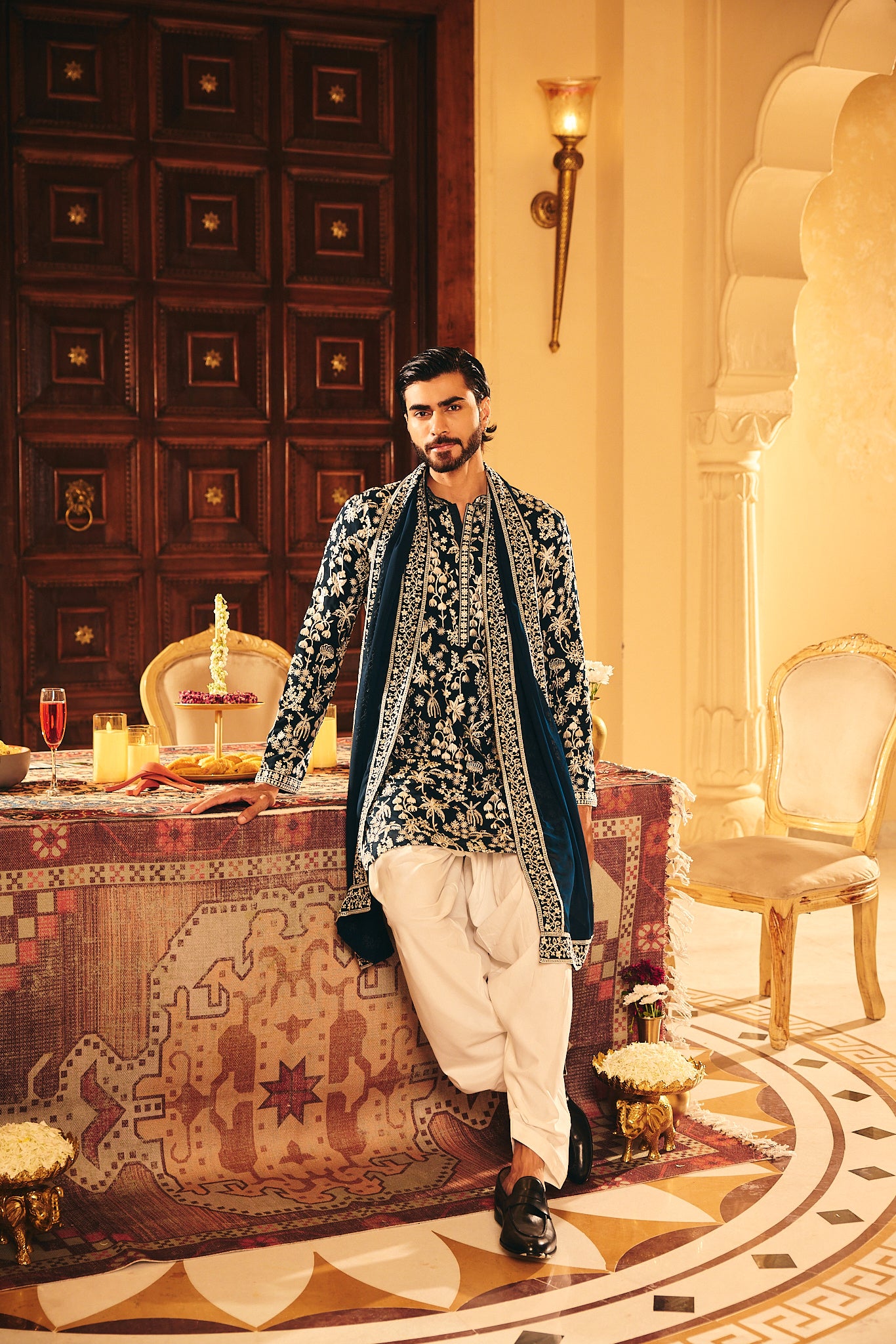 Navy Color Embroidery Kurta Pajama for Men