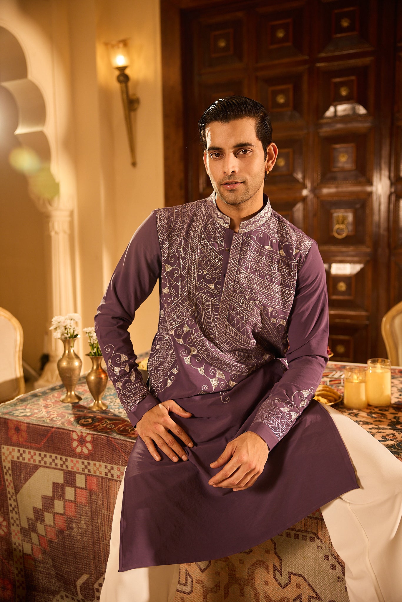 Purple Color Embroidery Designer Kurta Pajama for Men