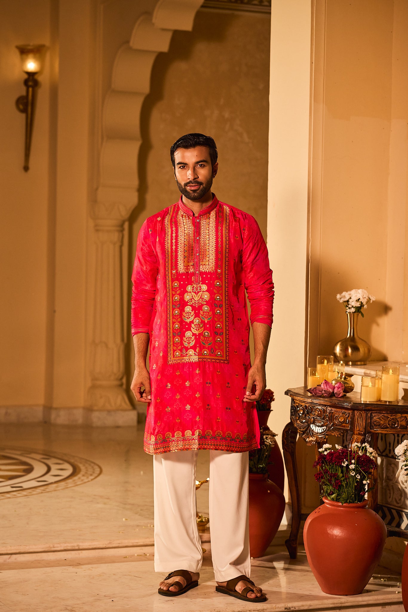 Red Color Jacquard Designer Kurta Pajama