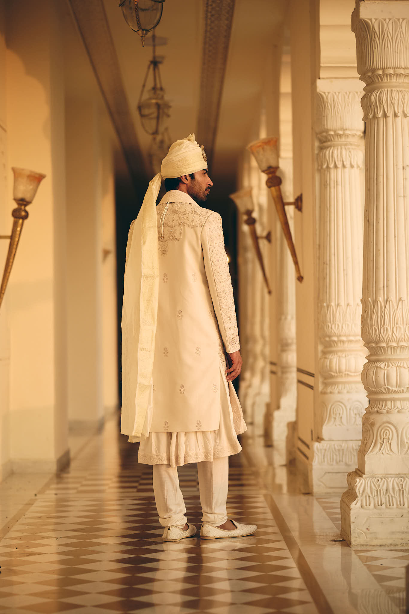 Fawn Lavender Color Jacquard Sherwani for Men