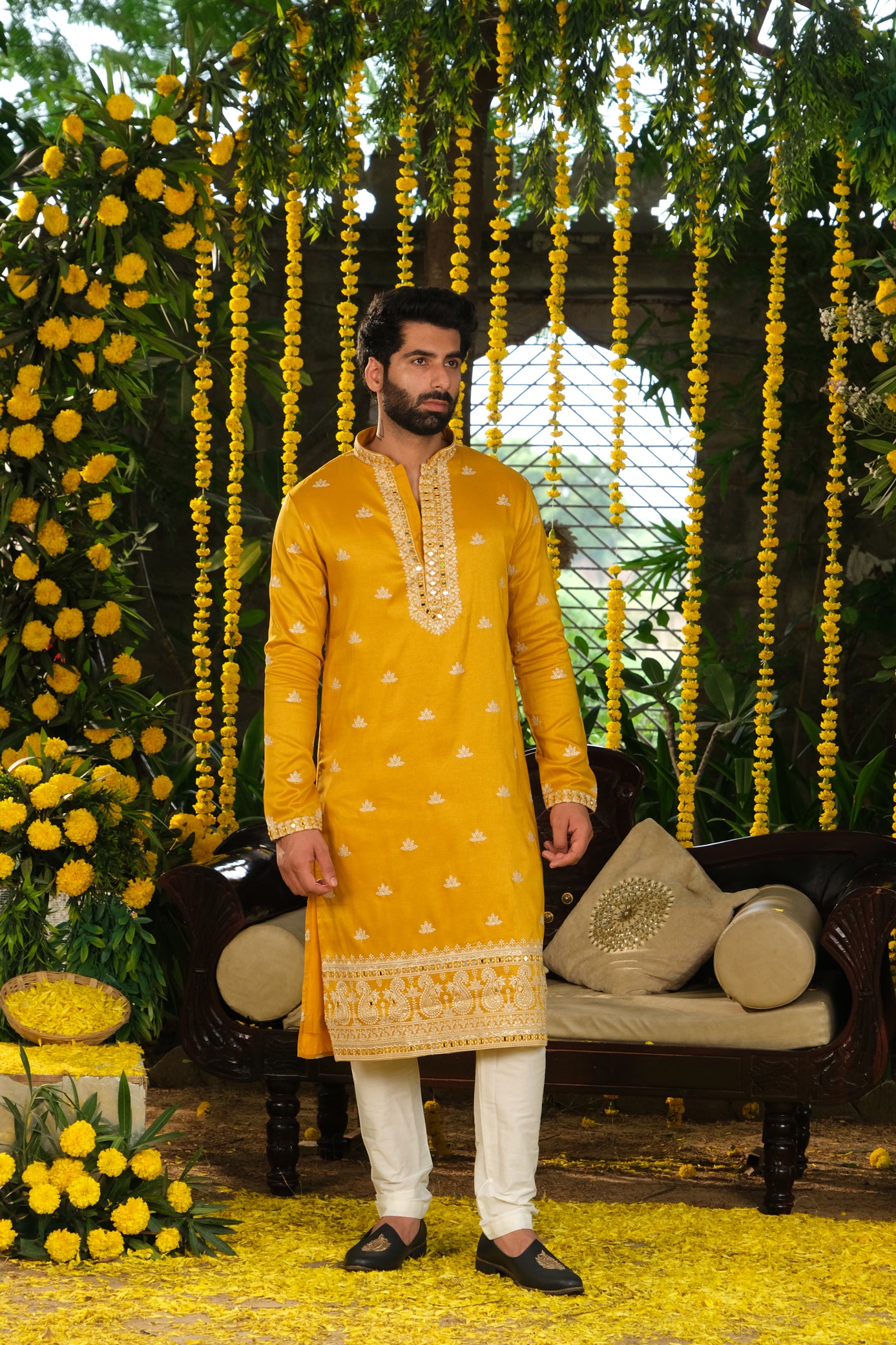 Mustard Color Mirror Work Kurta Pajama For Men