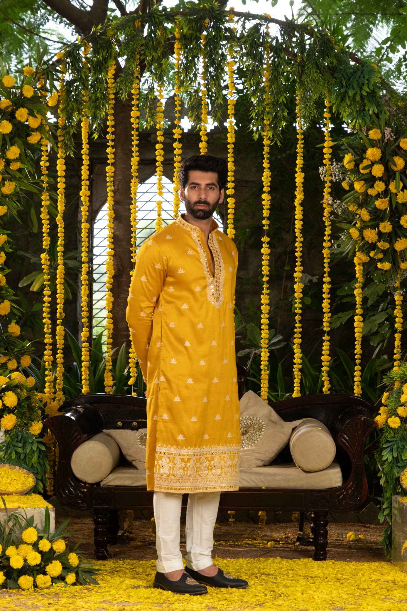 Mustard Color Mirror Work Kurta Pajama For Men