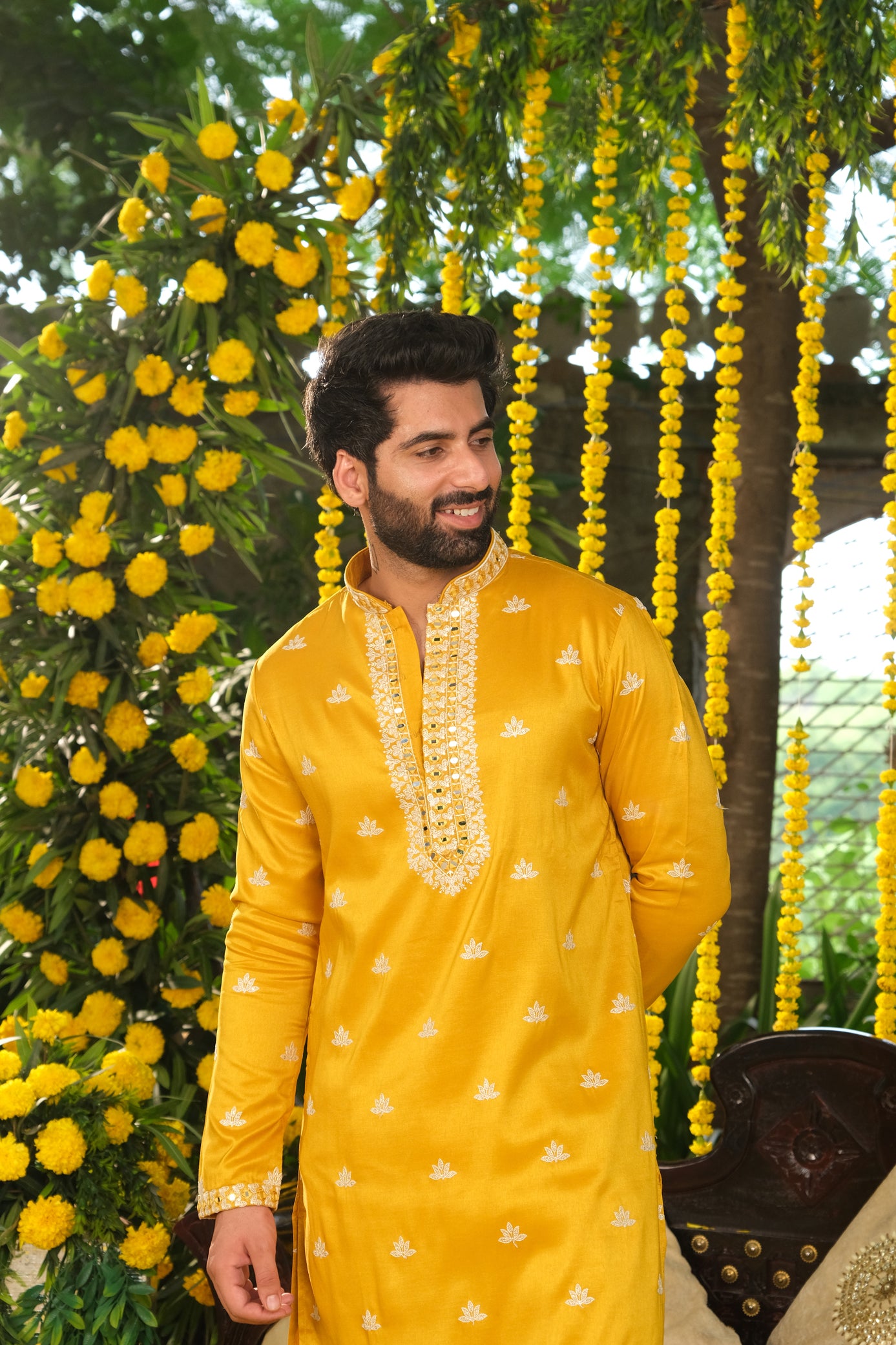 Mustard Color Mirror Work Kurta Pajama For Men