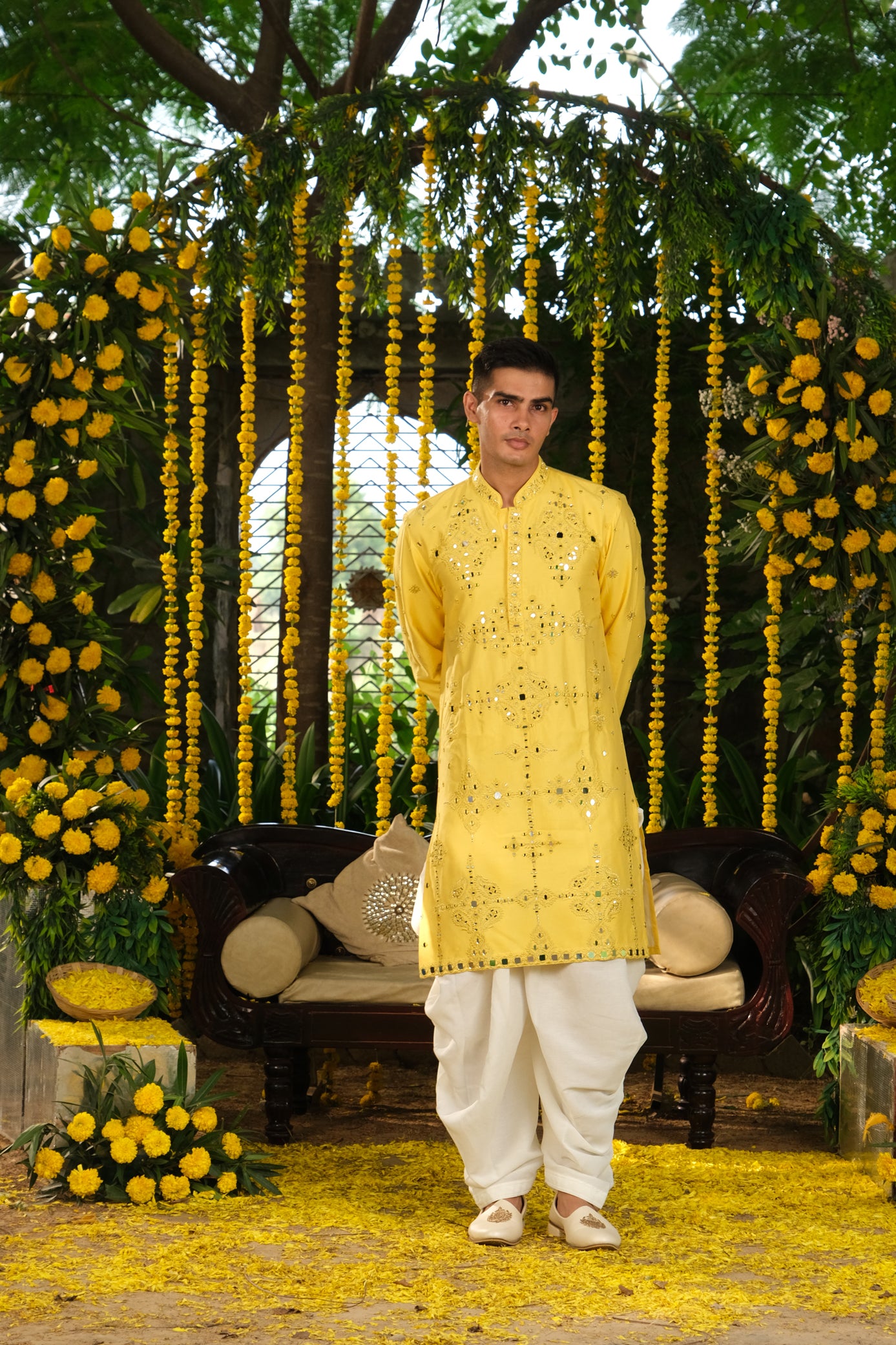 Yellow Color Mirror Work Kurta Pajama For Men