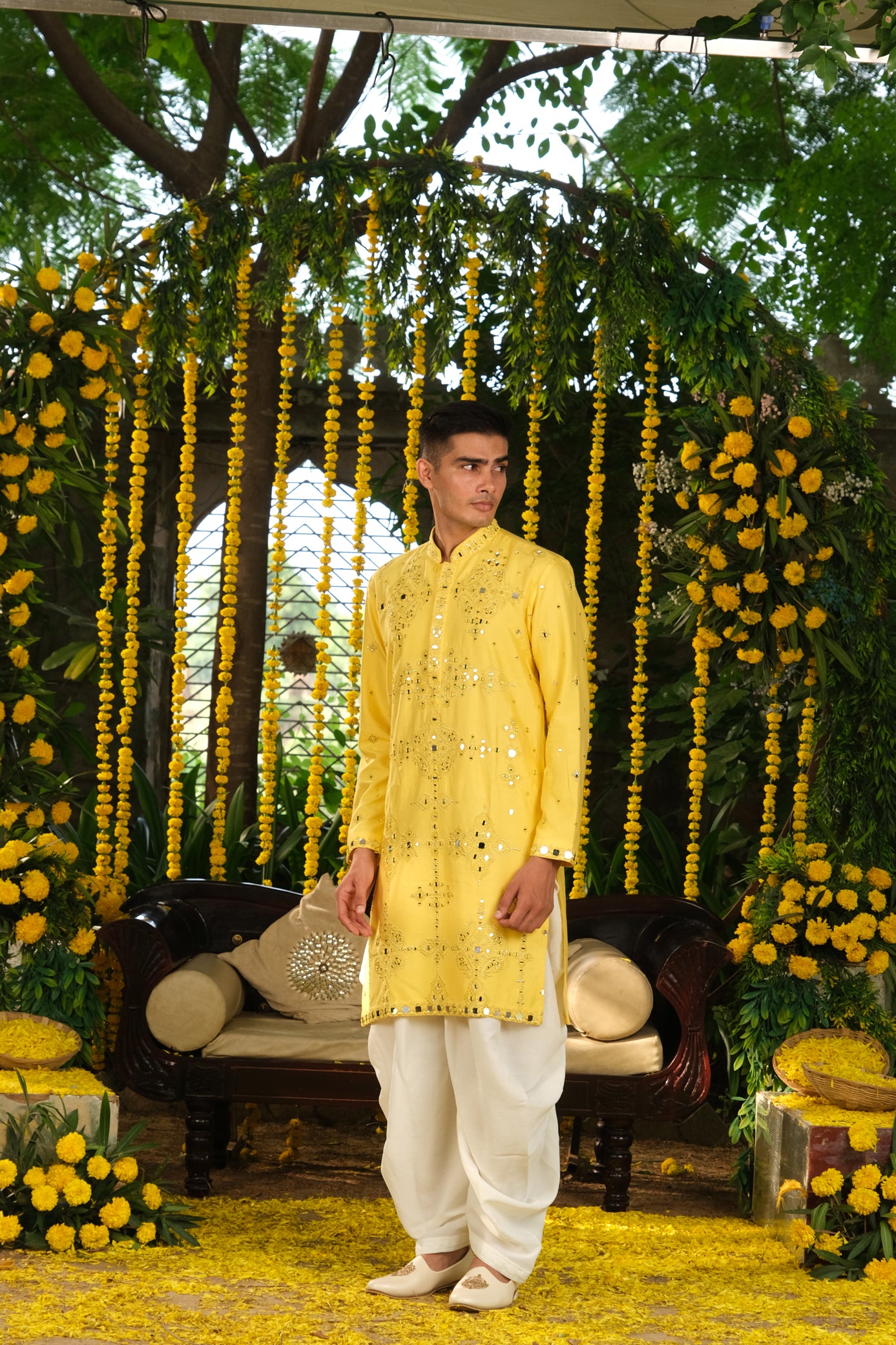 Yellow Color Mirror Work Kurta Pajama For Men