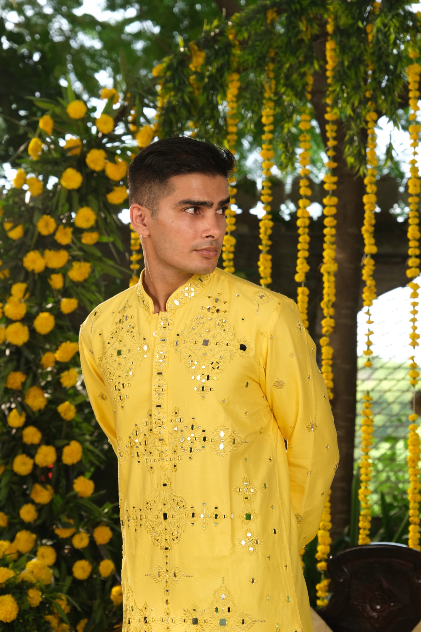 Yellow Color Mirror Work Kurta Pajama For Men