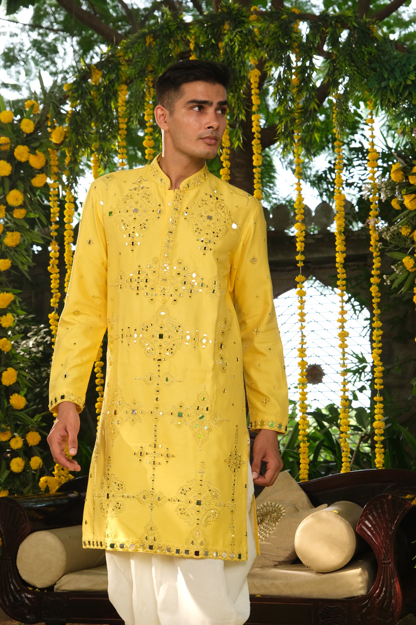 Yellow Color Mirror Work Kurta Pajama For Men