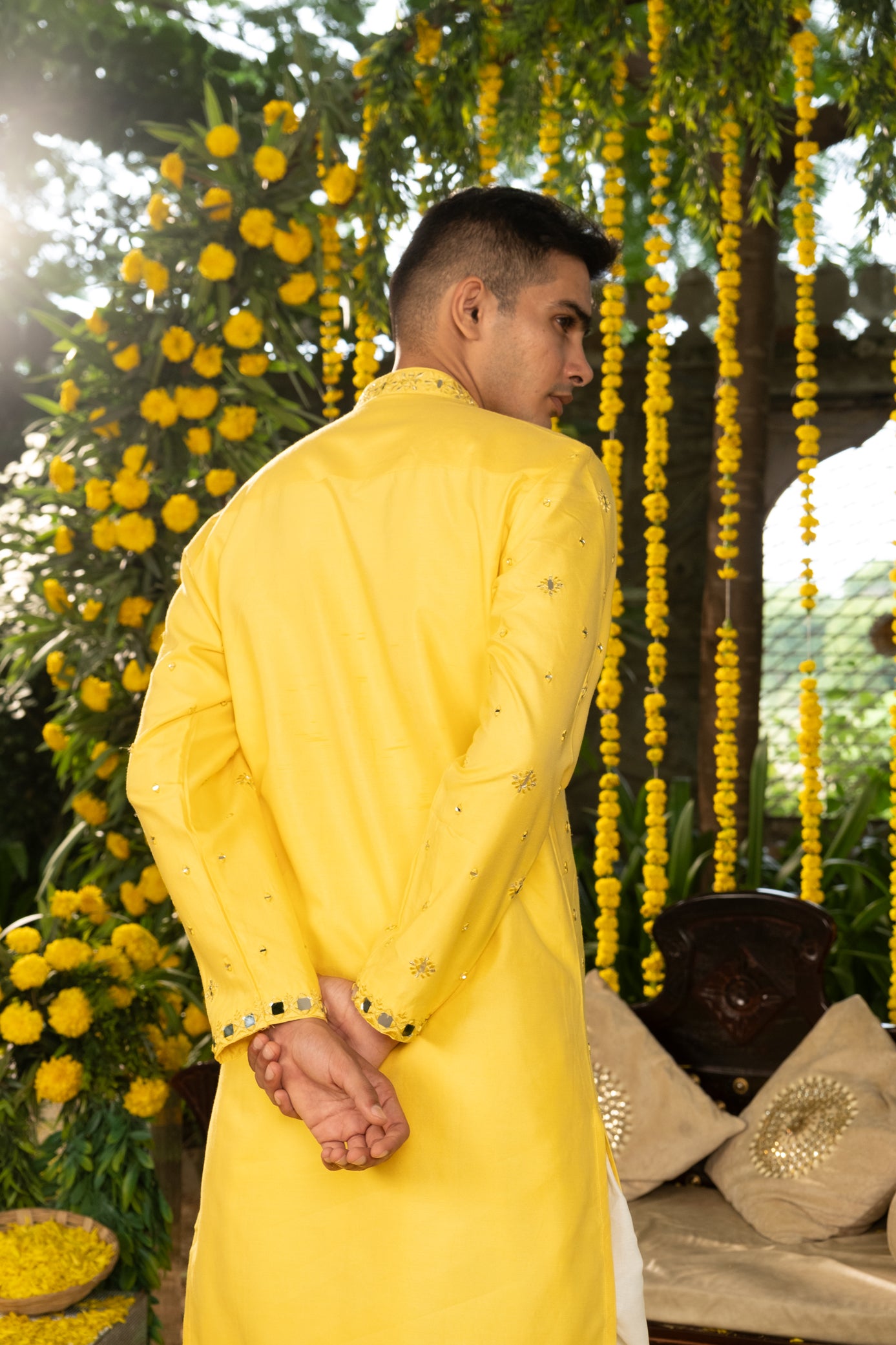 Yellow Color Mirror Work Kurta Pajama For Men