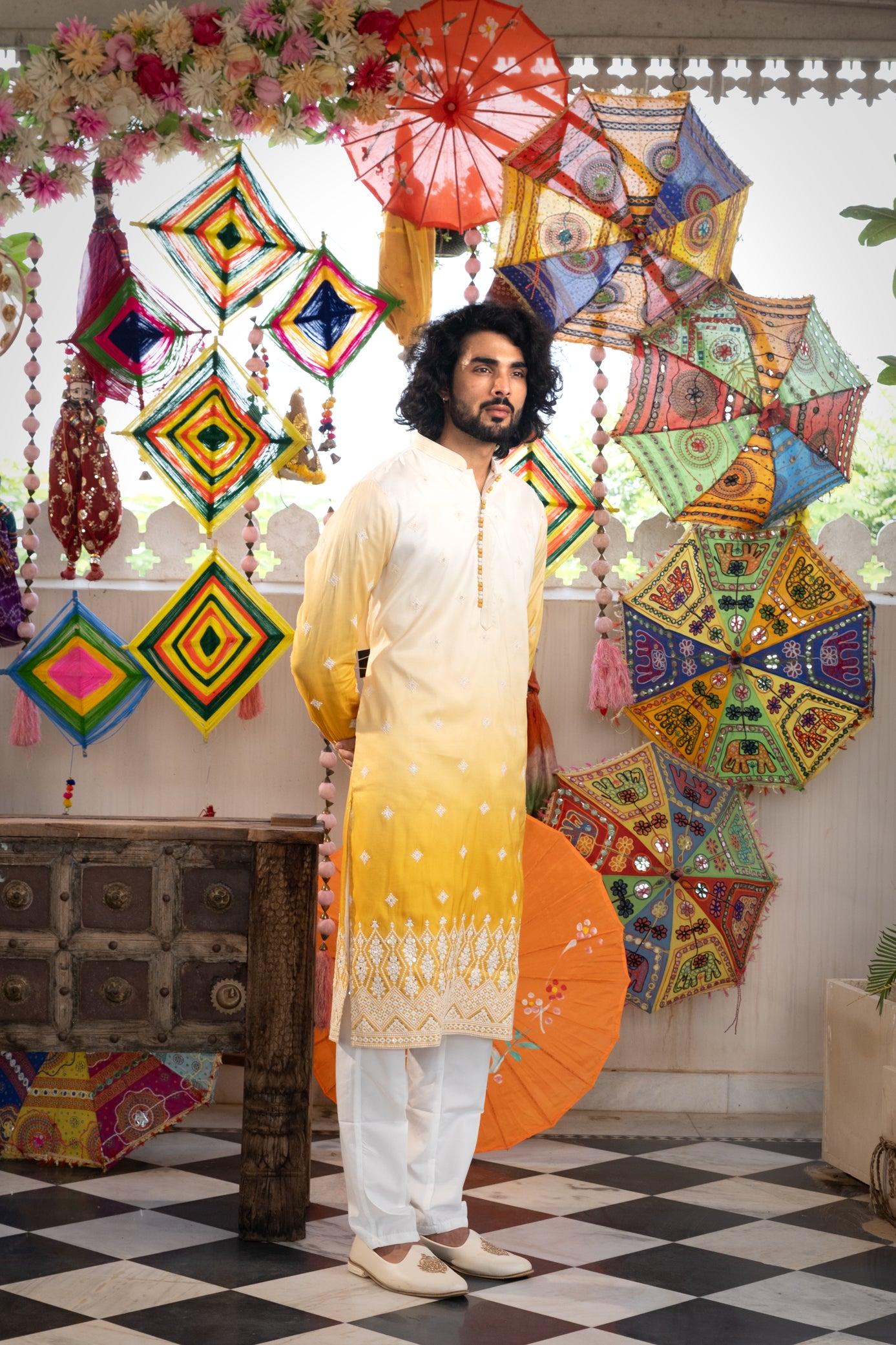 Cream Mustard Color Kurta Pajama Set For Men